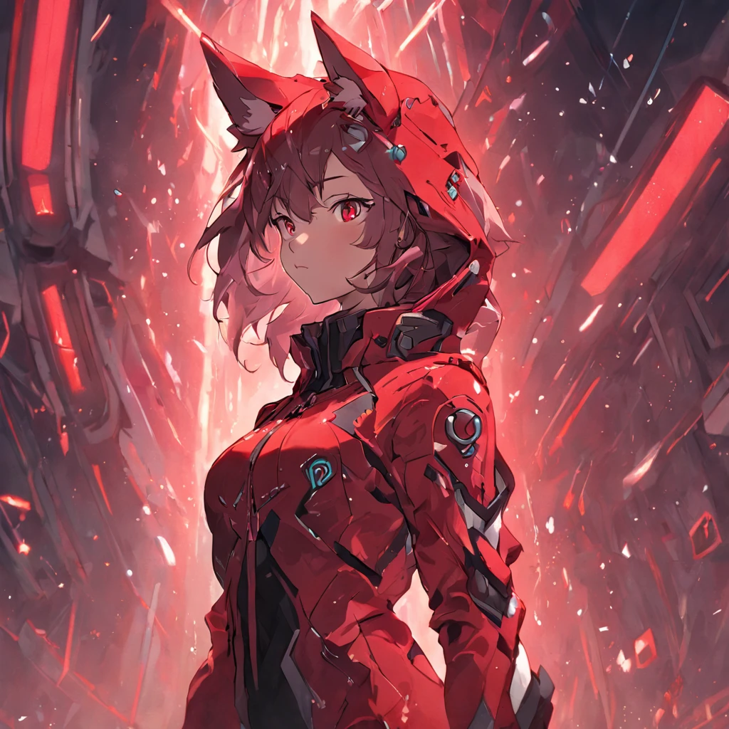 Futuristic red wolf suit, woman, futuristic thing on it, full body, trending on artstation, highly detailed, by WLOP, sharp focus, studio photo, intricate details, beautiful lighting
