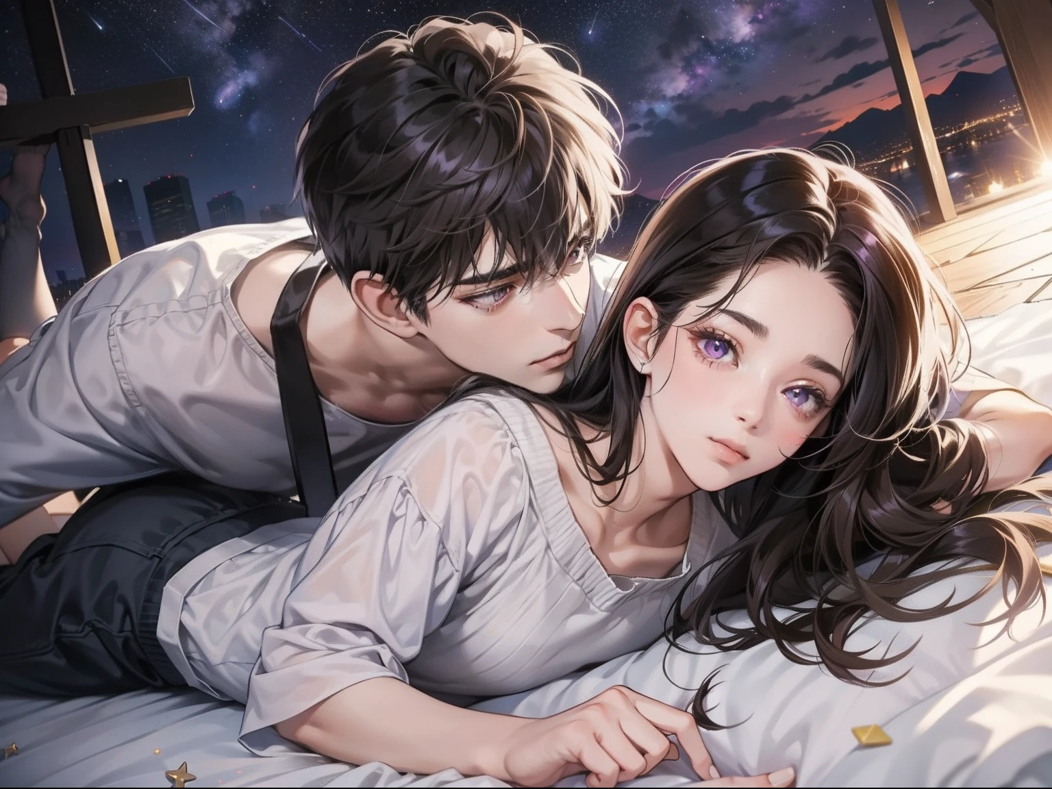 Couple, 1 girl 1 boy, different hair color, long black hair and purple eyes, short brown hair and grey eyes, romance, lie on the ground, watching stars