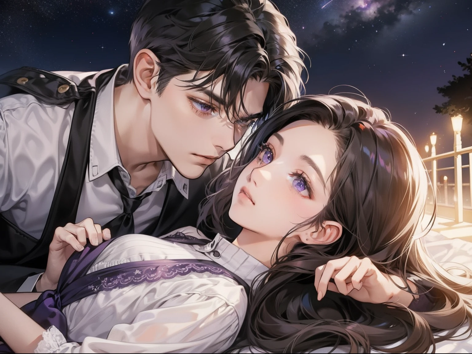Couple, 1 girl 1 boy, different hair color, long black hair and purple eyes, short brown hair and grey eyes, romance, lie on the ground, watching stars