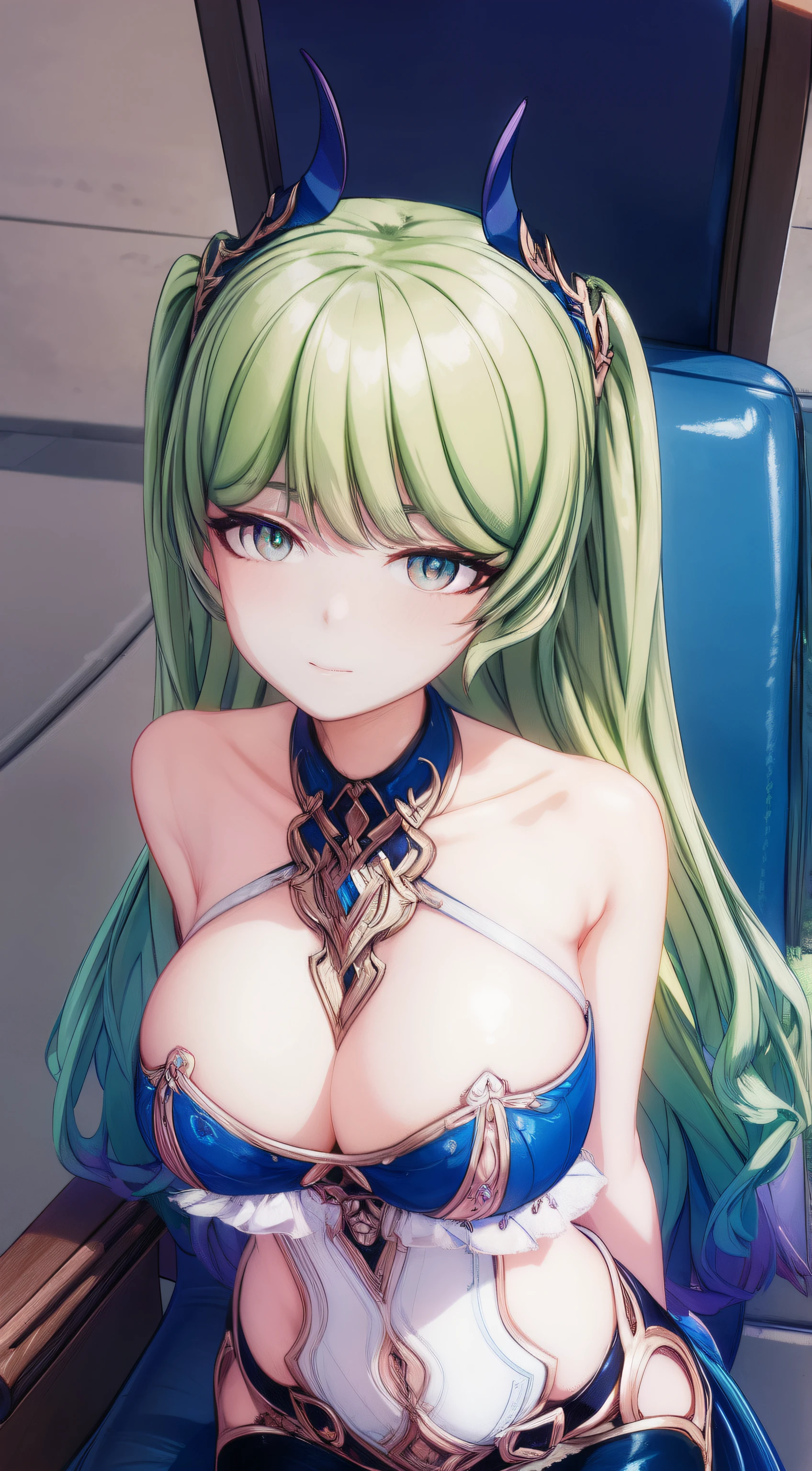 masterpiece, best quality,Extreme Detail, Super detailed, beautiful eyes, beautiful hair, Beautiful side, beautiful skin,dutch angle, green hair, snake eyes, big breasts, blush, cravings, sit, Chest towards viewer, arms around the back, chair , pov