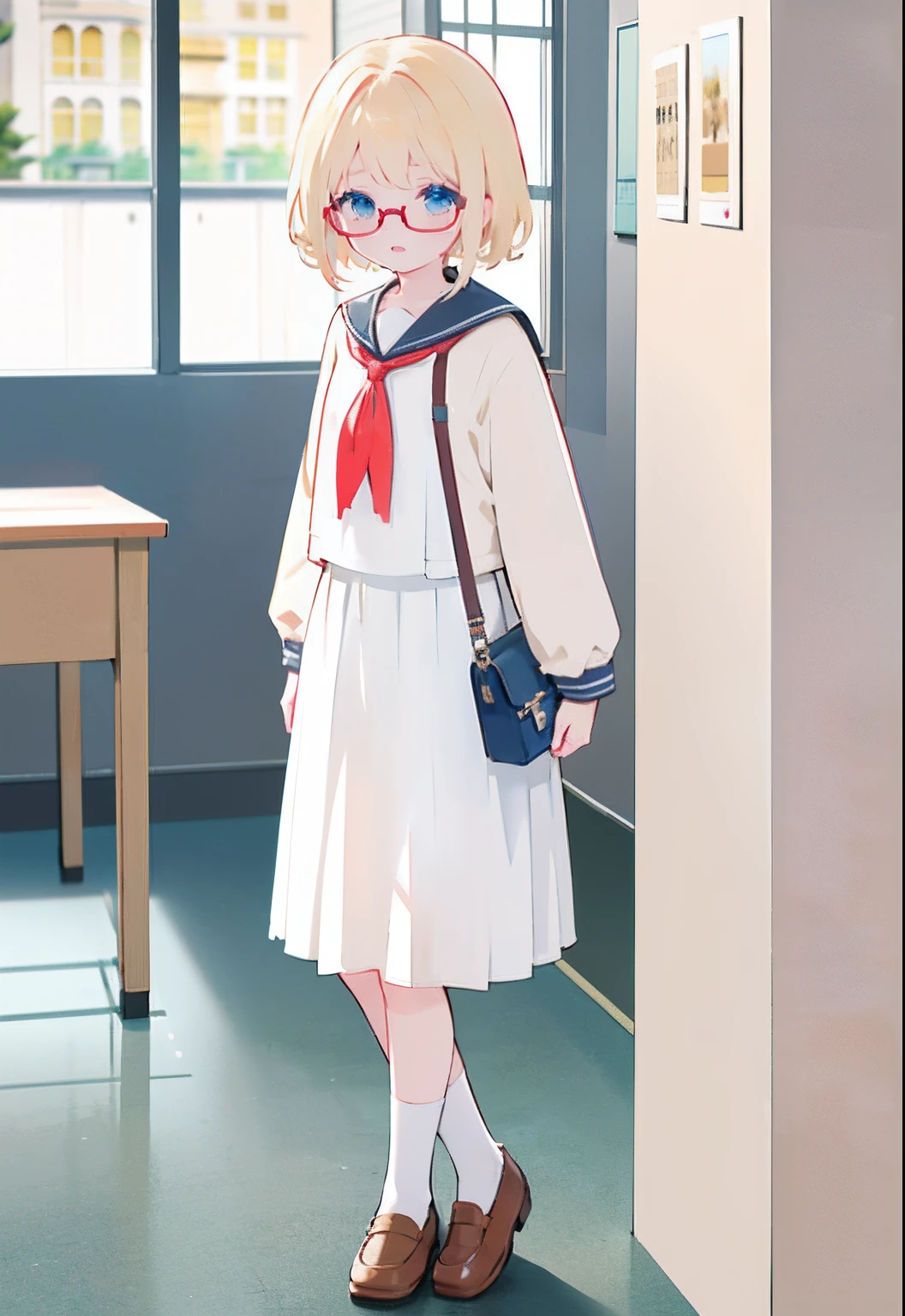 1人、Cute girl、short detailed hair、blond hairbl、eBlue eyes(high light)、Red glasses(Square lenses)、JK sailor suit(baggy)(white colors)(long skirt)、Beige coat jacket、White socks、red neckchief、satchel、leather shoes、Classrooms