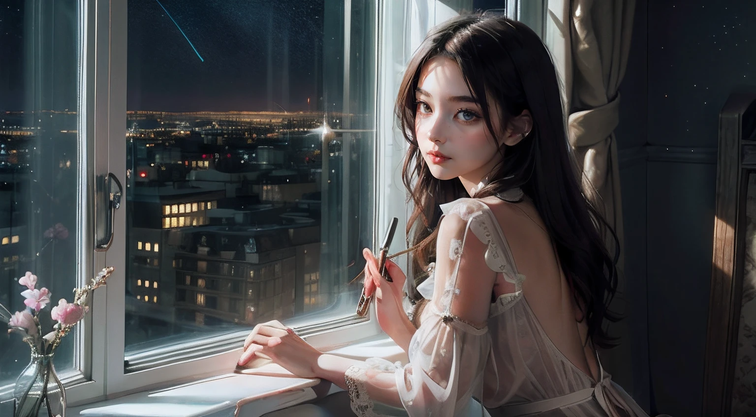 Girl sitting alone by the window,Night view of the city outside the window,The starry sky outside the window sparkles,Very lonely,A soft shimmer shines on the girl,Rich details inside the window,There are plush dolls inside the window,There are night lights on the inner walls of the windows,The girl looks at the scenery outside the window with a lonely back,The picture is hazy,the lighting is subdued