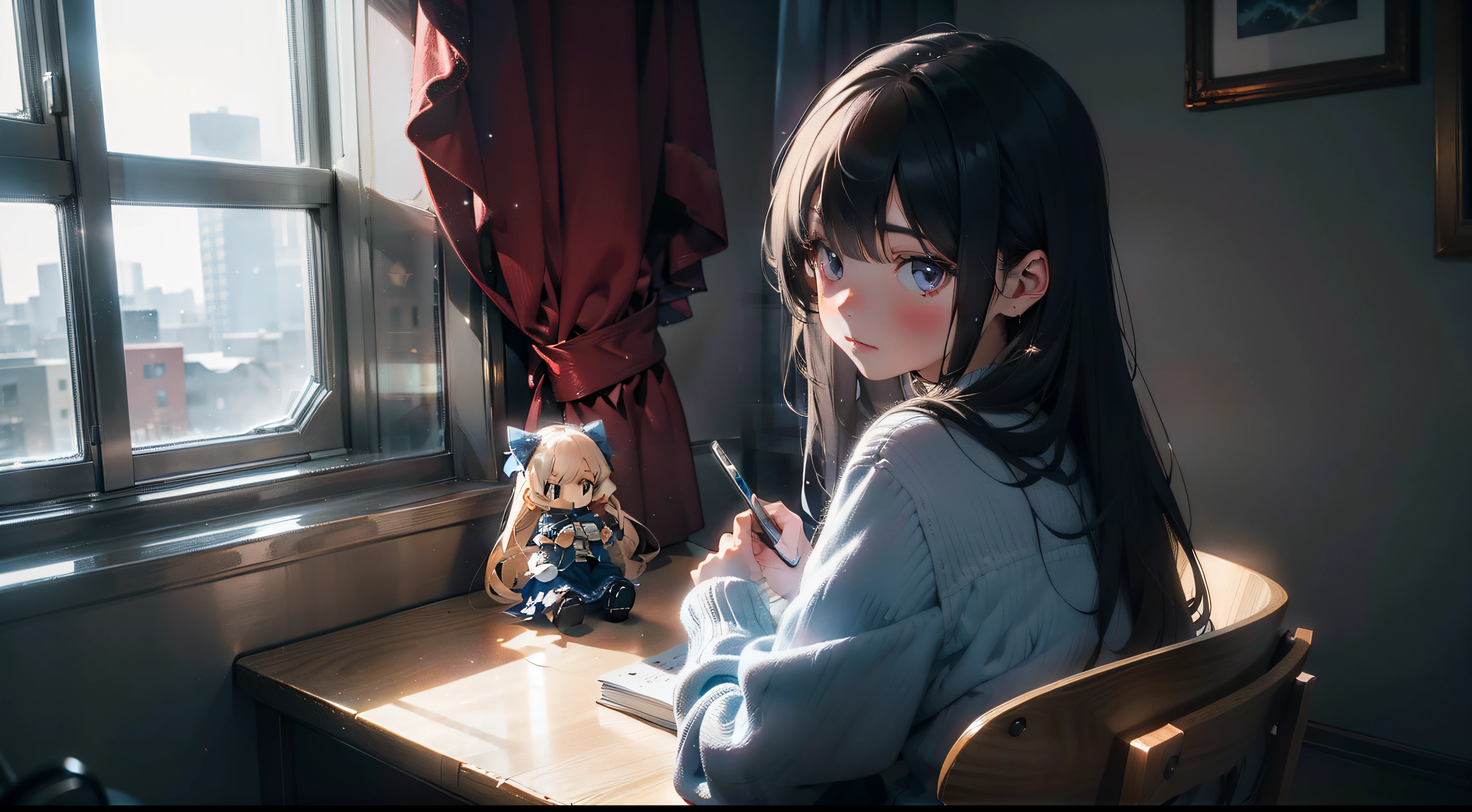 Girl sitting alone by the window，Night view of the city outside the window，The starry sky outside the window sparkles，Very lonely，A soft shimmer shines on the girl，Rich details inside the window，There are plush dolls inside the window，There are night lights on the inner walls of the windows，The girl looked at the scenery outside the window with a lonely back，The picture is hazy，the lighting is subdued