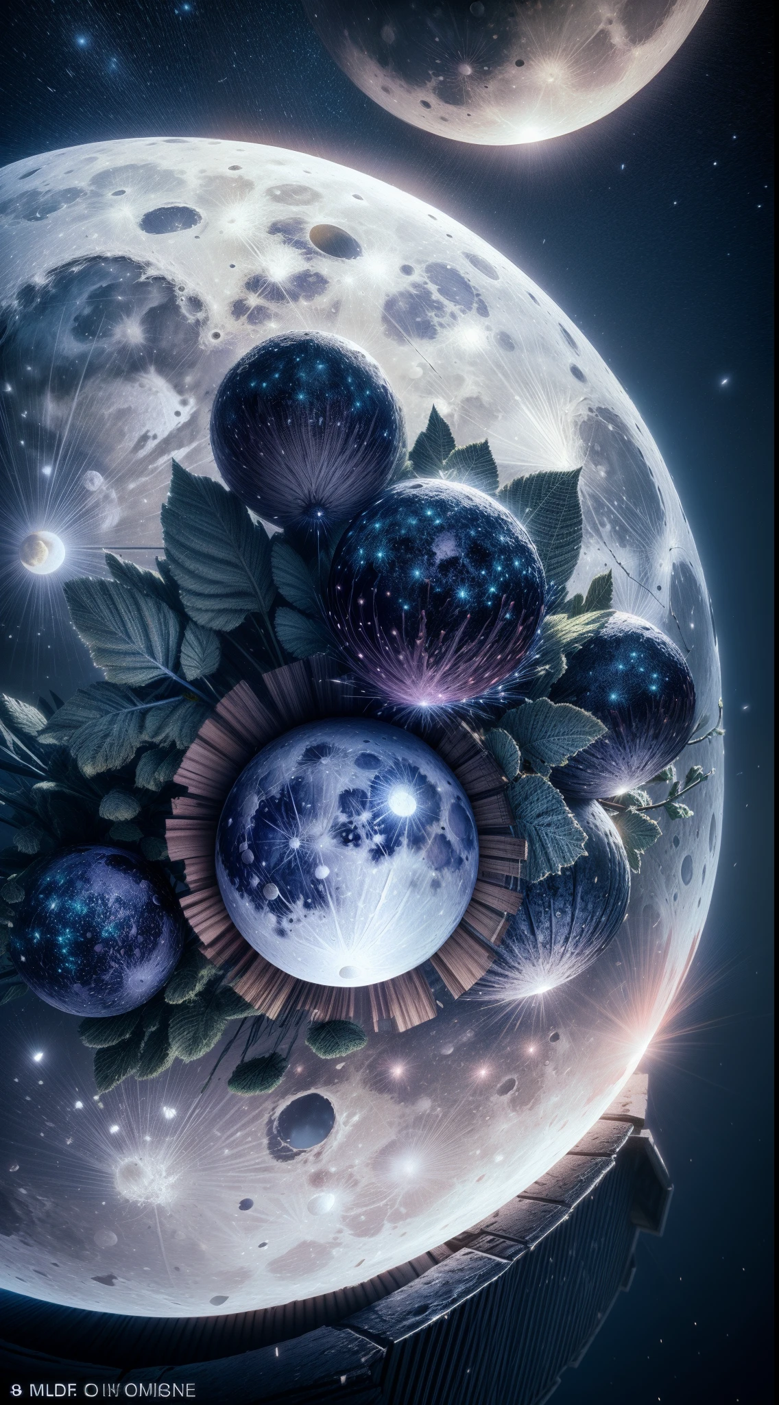 Full moon in the sky, In dark blue tones, Masterpiece, Macro photography, unreal engine, octane render, Details, 8k,super qualtiy, big resolution