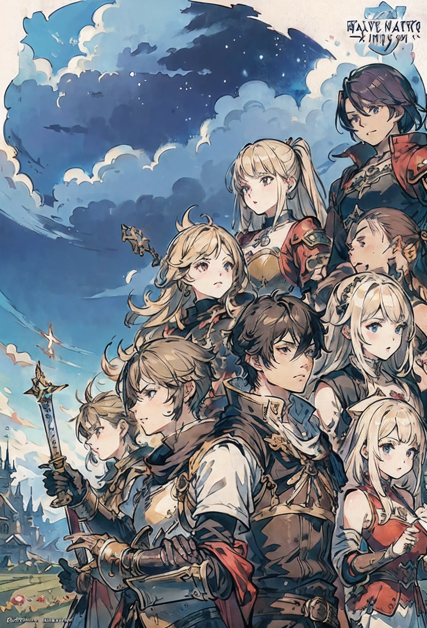 a group of people with swords and armor standing in front of a sky, granblue fantasy, final fantasy 14 style, final fantasy fan art, crisp clear rpg portrait, ffxiv heavensward, final fantasy style, final fantasy 1 2 style, final fantasy xiv: endwalker, key art, final fantasy artwork concept, ffxiv, from final fantasy, detailed key anime art, best quality, there are many people in a field with a castle in the background, key art, final fantasy artwork concept, hq artwork, square enix cinematic art, boris valejo. octopath traveler, high detailed official artwork, final fantasy 1 4, final fantasy xiv, final fantasy 14 style, game key art, ffxiv, final fantasy 14 sharp, rpg artwork, masterpiece, high quality, best quality, high detail, perfect draw, official artwork, detailed cover artwork, key art, promo art, album art, front cover of a new video game, enhanced, official art, anime cover, board game cover art, promotional art, box art, album art cover, game cover, battle chasers, official anime artwork, album cover, high quality face, high quality hand, by bestiary_style, males and females, fantasy rpg, warrior, armor, sword, high detailed faces, multicolor eyes,