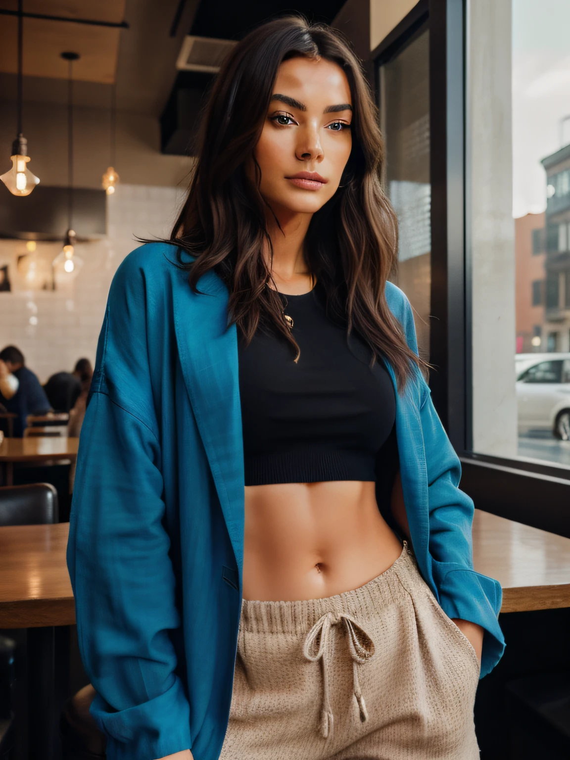 "Generate a photorealistic, ultra-high-res image of a beautiful girl, upper body, dressed in loose, chic clothing like an oversized blazer or a baggy sweater. Set the scene in an upscale urban café. Highlight the texture of the fabric and the model's skin in hyper-detail. Utilize film grain and the best shadow techniques for added depth. Output in RAW format with a vibrant Instagram LUT.