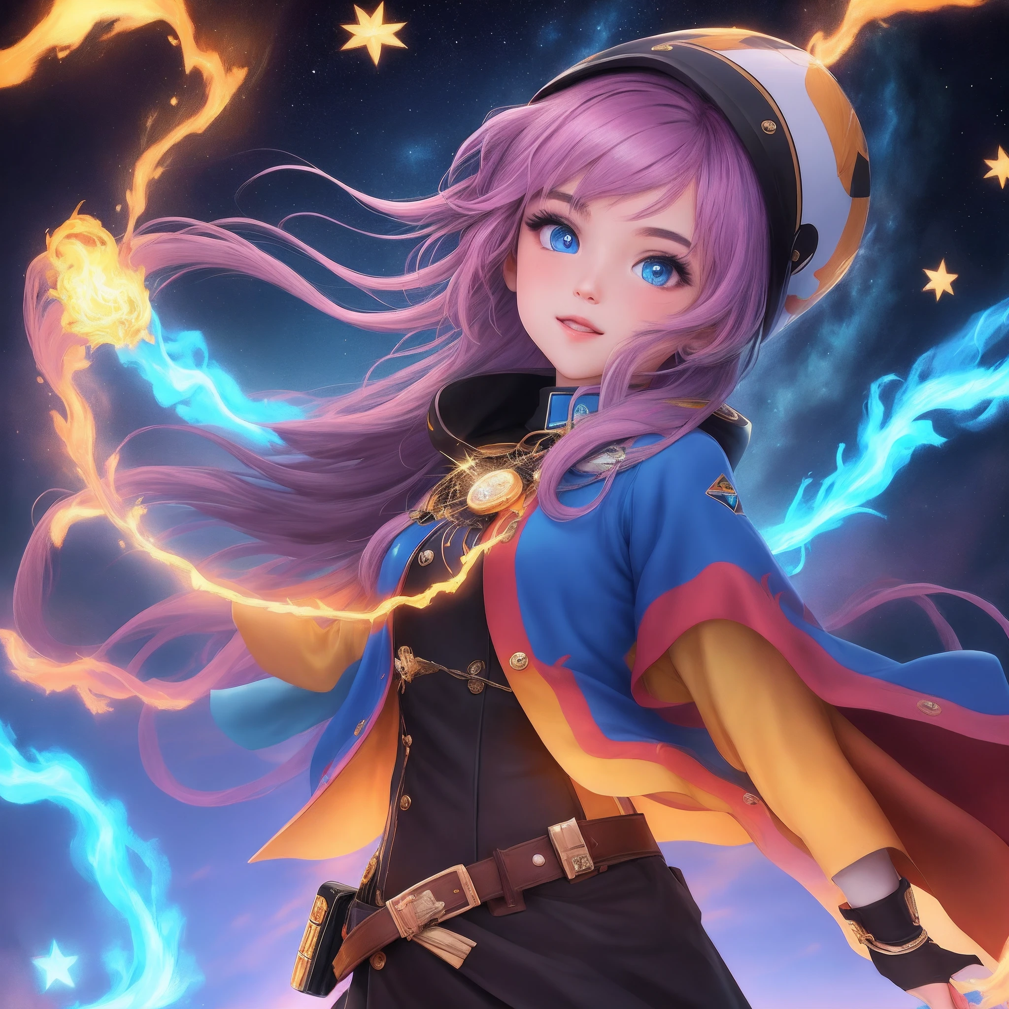 Lumina tem pele dourada que brilha com uma suave luminosidade. His eyes are a bright blue, no visible pupils. Your hair is made of strands of energy that move like multicolored flames. Ela veste um traje futurista, com tons de azul e prata, que se assemelha a uma armadura, com um emblema de uma estrela cadente em seu peito.