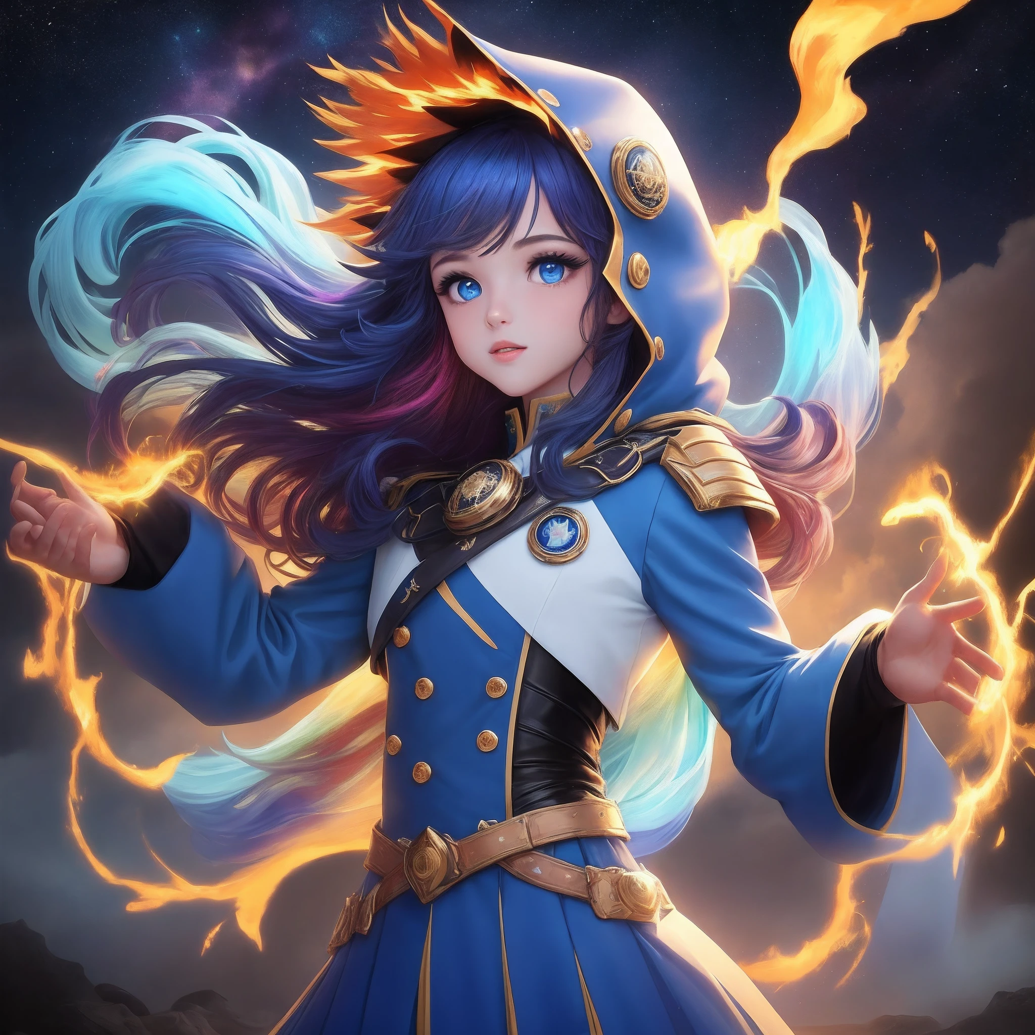 Lumina tem pele dourada que brilha com uma suave luminosidade. His eyes are a bright blue, no visible pupils. Your hair is made of strands of energy that move like multicolored flames. Ela veste um traje futurista, com tons de azul e prata, que se assemelha a uma armadura, com um emblema de uma estrela cadente em seu peito.