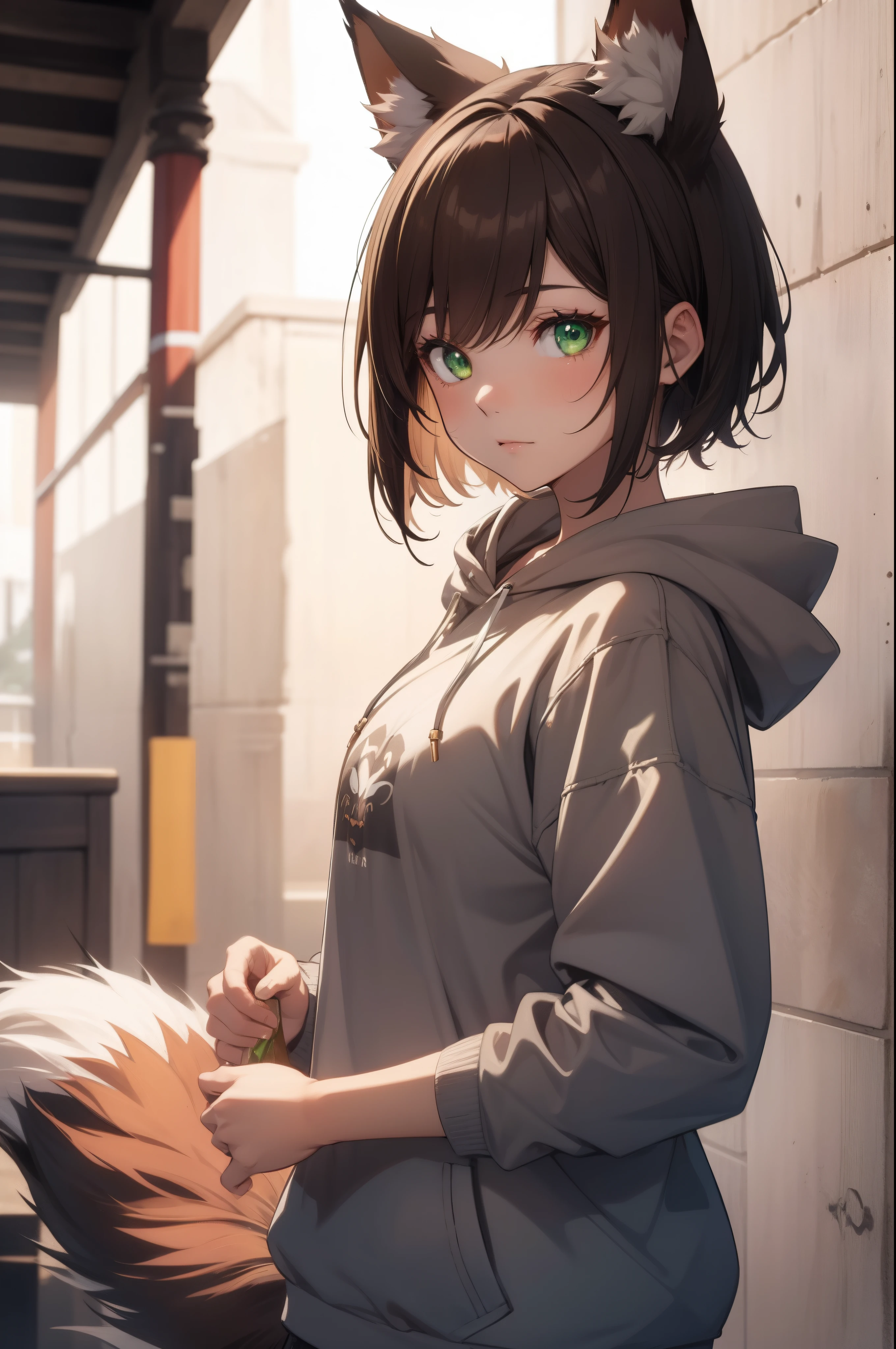 1girl, fox girl, fox ears, fox tail, no breasts, short hair, dark brown hair, green eyes, white hoodie, masterpiece,