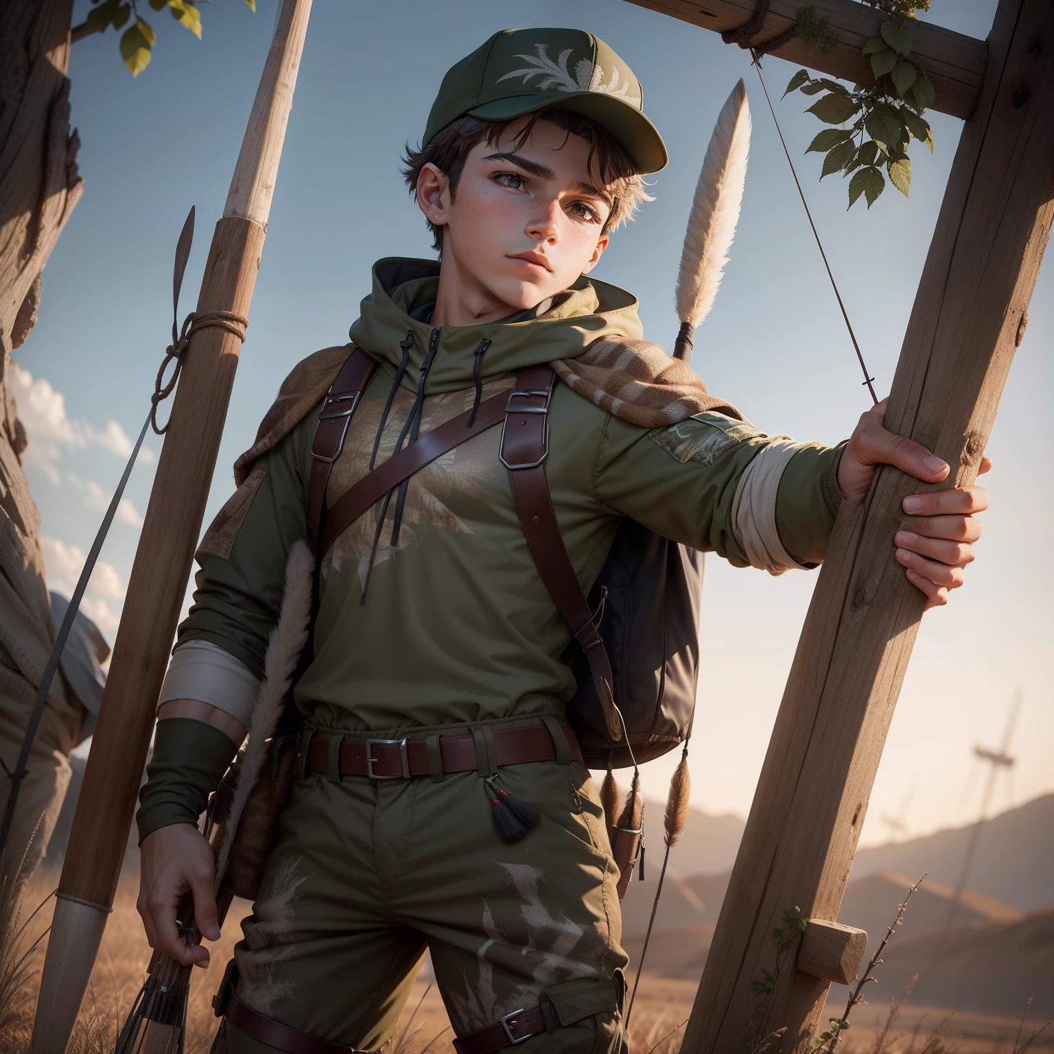 The Hunter Boy, com seu arco e flechas, Dressed in hunting clothes, ansioso e determinado a provar sua habilidade.