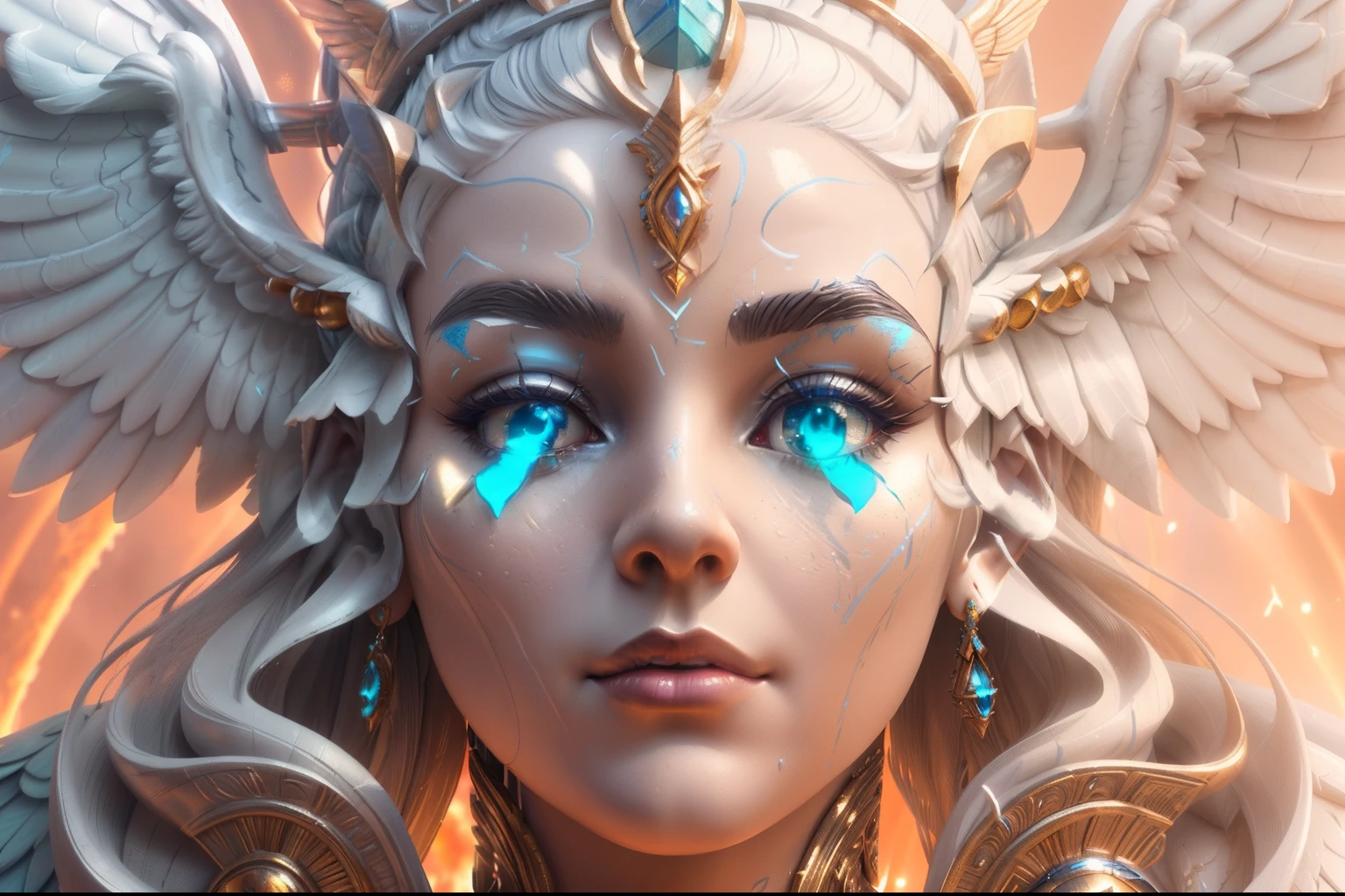 a colorful close up of a sculpture of a woman with wings on her head, goddess. extremely high detail, hyperdetailed fantasy character, extremely detailed goddess shot, 3 d goddess portrait, unreal engine render + a goddess, face high detail, high detail of the face, face of a alien deity, cinematic goddess close shot, high detail face, zbrush central contest winner