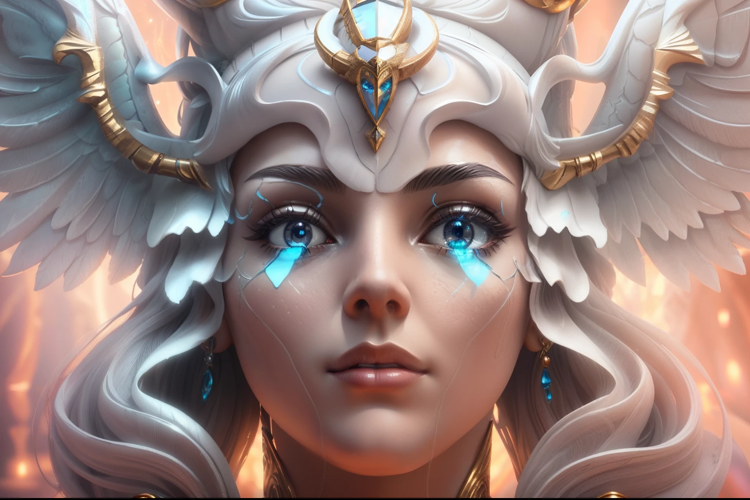 a colorful close up of a sculpture of a woman with wings on her head, goddess. extremely high detail, hyperdetailed fantasy character, extremely detailed goddess shot, 3 d goddess portrait, unreal engine render + a goddess, face high detail, high detail of the face, face of a alien deity, cinematic goddess close shot, high detail face, zbrush central contest winner