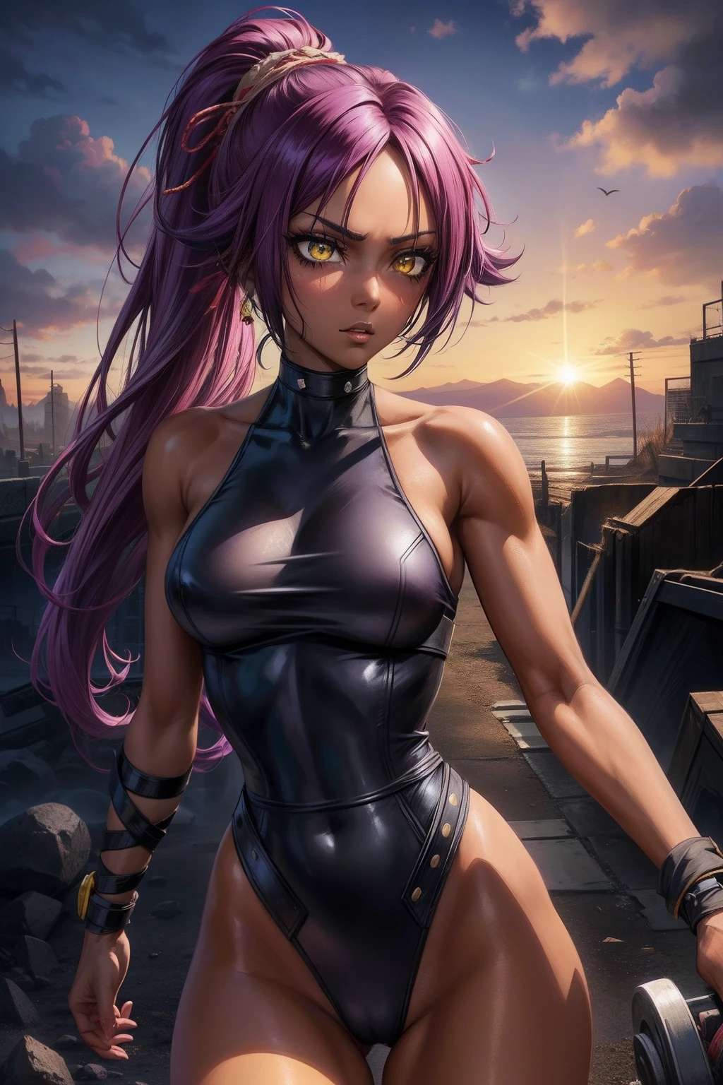 best quality, expressive eyes, perfect face, close up on face, yoruichi shihouin, dark skin, dark-skinned female, bare shoulders, ((black leotard)), black clothe, yellow eyes, purple hair, long hair, ponytail, post-apocalyptic landscape, blue sky