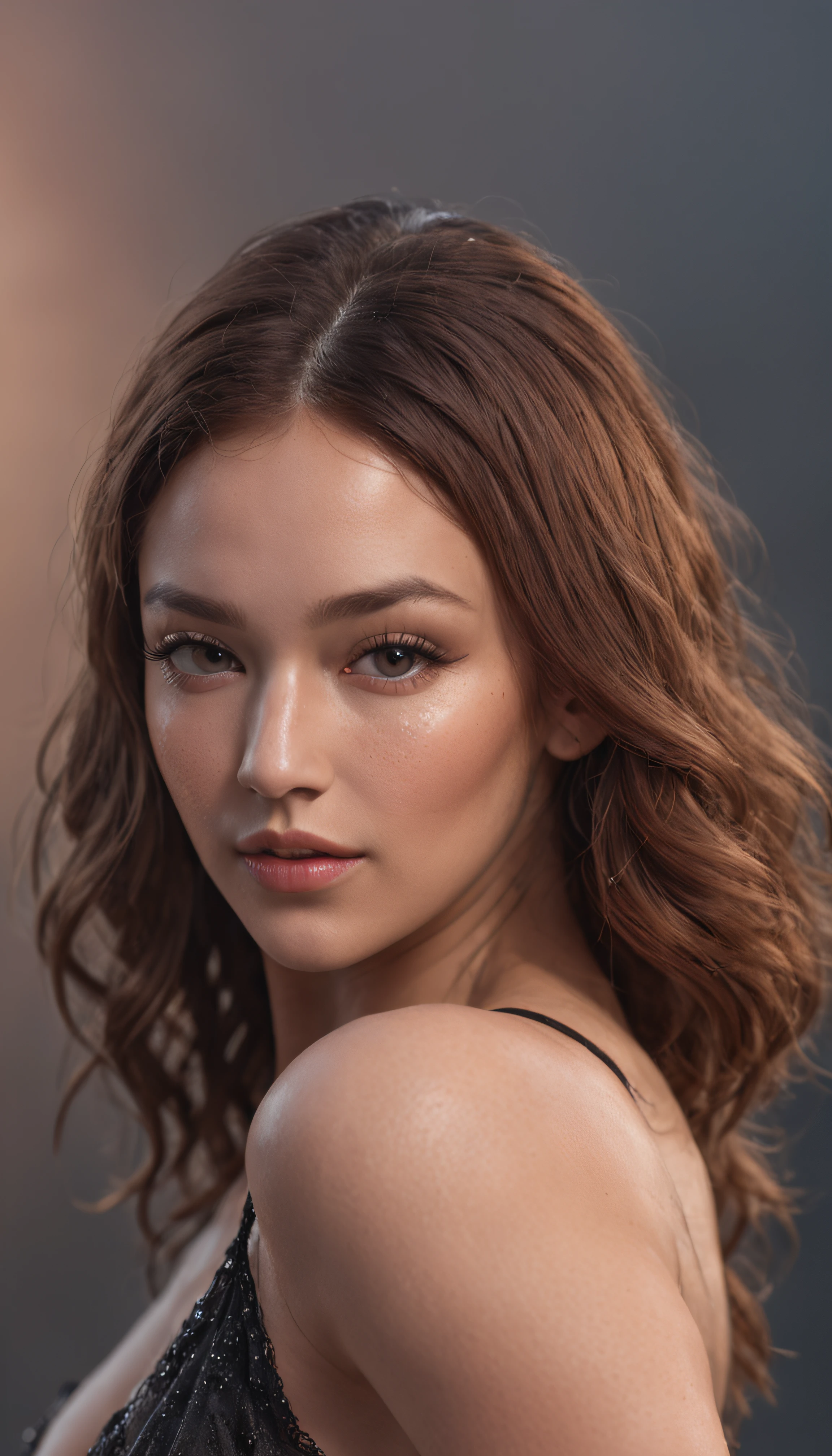 the realm of true-to-life skin tones, facial features, (plus size model:1.2), (Iskra Lawrence:1.1) (tan) mixed race,  top, , Random posture, (8k, RAW photo, best quality, masterpiece:1.2), (realistic, photo-realistic:1.37), night, rain, wet, professional lighting, photon mapping, physically-based rendering,, gradient black colour hair, brown highlights hair, short curly hair, top quality picture, high resolution, curvy figure, sexy legs, heels, her are prominent through the shirt,