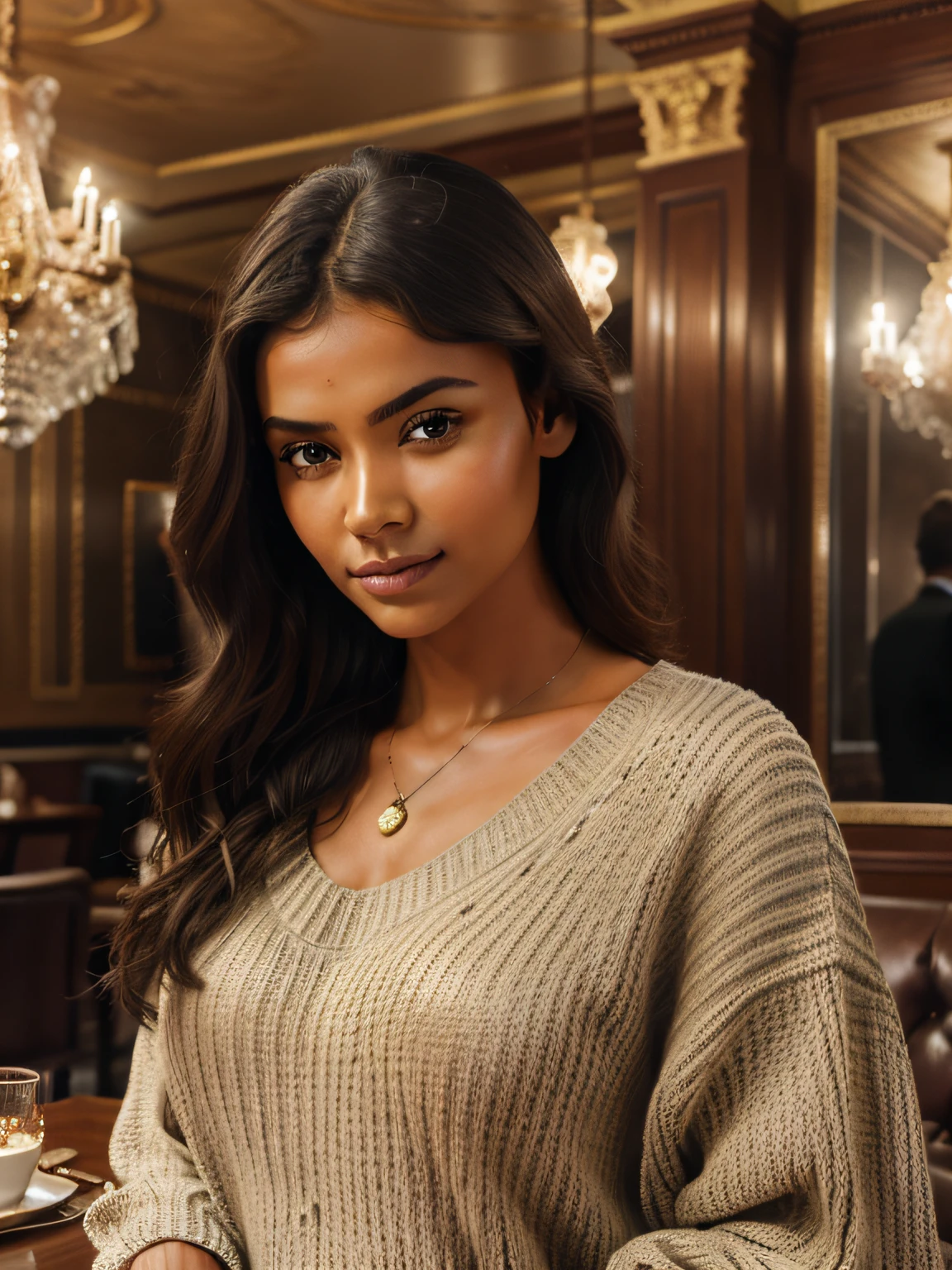 Generate a photorealistic, hyper-detailed image of a beautiful Russia-india mix race girl, wearing loose, sophisticated clothing like an oversized knit sweater. Position the model in a posh café in St. Petersburg with ornate interior design. Use close-up shots to focus on the textures of the fabric and skin. Add film grain for an old-world touch and apply the best shadow techniques for depth. Output in RAW format with a cosmopolitan Instagram LUT.