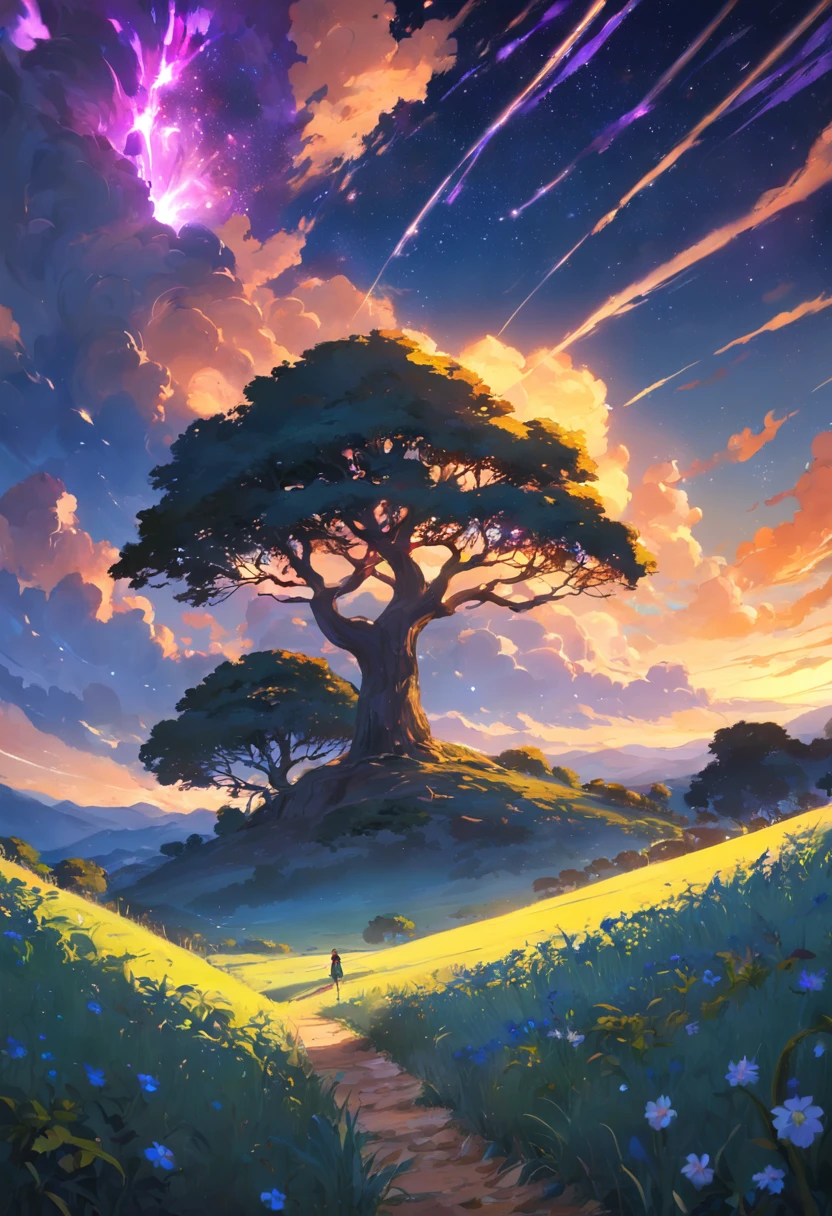 fotografia de paisagem expansiva,(Olhe de baixo,Above is the sky,Below are the open fields),Uma menina ficou em um campo de flores e olhou para cima,(lua cheia:1.2),(Meteoros:0.9),(Nuvem estelar:1.3),Montanha Far, tree BREAK making art,(Fonte de Luz Quente:1.2),(vaga-lume:1.2),lamp lights,Muito roxo e laranja,Detalhes complicados,volumetric lighting BREAK(tmasterpiece:1.2),(melhor qualidade),4k,Ultra - Detalhado,(dynamic compositions:1.4),rico em detalhes,infinidade de cores,(Cor irridescent:1.2),(com luz brilhante,Atmospheric Illumination),magical dream,magica,(solo:1.