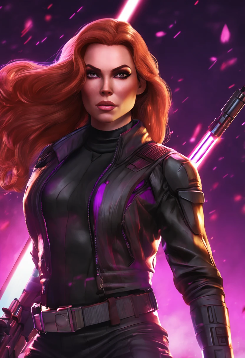 a full body shot of a woman (Mara Jade) of transcendent beauty, in full attack mode holding a purple lightsaber. she is wearing a black top and black pants. defending a barracks on a battlefield. Very detailed face and skin texture, detailed eyes, double eyelids.