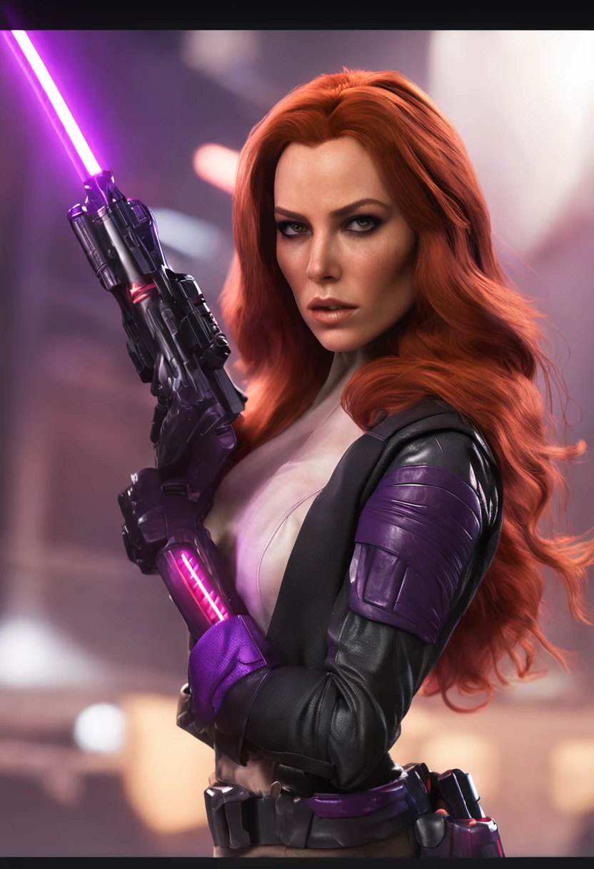 a full body shot of a woman (Mara Jade) of transcendent beauty, in full attack mode holding a purple lightsaber. she is wearing a black top and black pants. defending a barracks on a battlefield. Very detailed face and skin texture, detailed eyes, double eyelids.