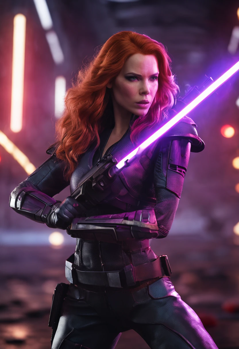 a full body shot of a woman (Mara Jade) of transcendent beauty, in full attack mode holding a purple lightsaber. she is wearing a black top and black pants. defending a barracks on a battlefield. Very detailed face and skin texture, detailed eyes, double eyelids.