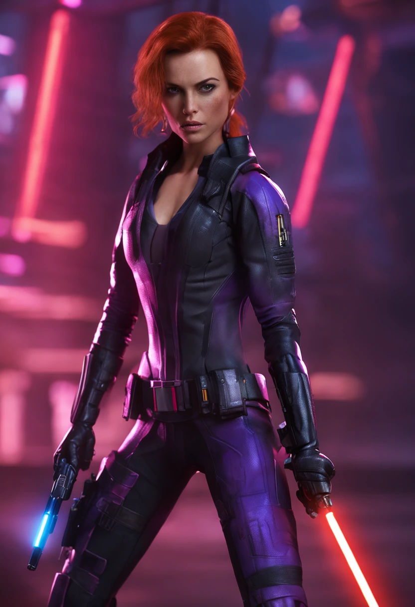 a full body shot of a woman (Mara Jade) of transcendent beauty, in full attack mode holding a purple lightsaber. she is wearing a black top and black pants. defending a barracks on a battlefield. Very detailed face and skin texture, detailed eyes, double eyelids.