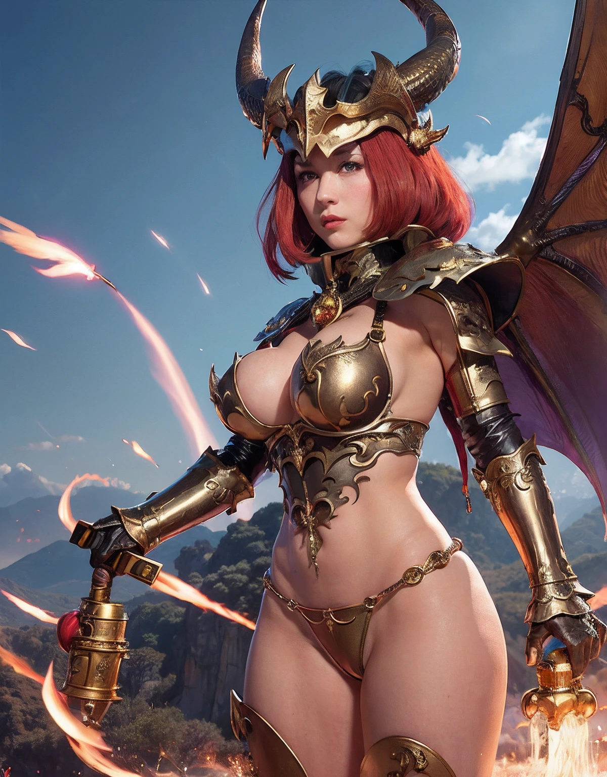 Professional , ​masterpiece、top-quality、photos realistic , depth of fields 、（Dragon Red Metal Body:1.９),(Enamel purple、（cleavage of the breast）、Mystical expression、Dragon Gold Weapon、（Red Micro Bikini Armor:1.４),Gorgeous gold weapons ,Particles of light、（（ Dragon's dense and gorgeous sword）） , （demonic wings）、（（a blond））、（Castle background）、（（Gangle's forest background））、（（Fight dragons））、Beautiful Caucasian beauty、１a person、dynamic ungle,(((Detailed and ornate dragon helmet)))、Smaller head、A smile、Castle background、Thin and beautiful female hands、cleavage of the breast、Soldier in iron armor on background、Mystical expression、Light Effects、intense fighting、Wind-effect、magic circles、With the legendary magic wand、Dragon's tail、explosions、Anatomically correct body、