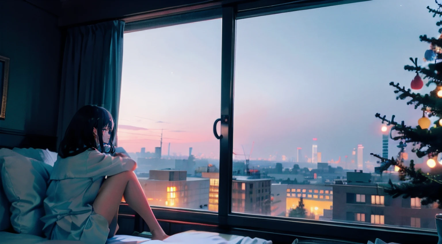 Girl sitting alone by the window,Night view of the city outside the window,The starry sky outside the window sparkles,Very lonely,A soft shimmer shines on the girl,Rich details inside the window,There are plush dolls inside the window,There are night lights on the inner walls of the windows,The girl looked at the scenery outside the window with a lonely back,The picture is hazy,the lighting is subdued