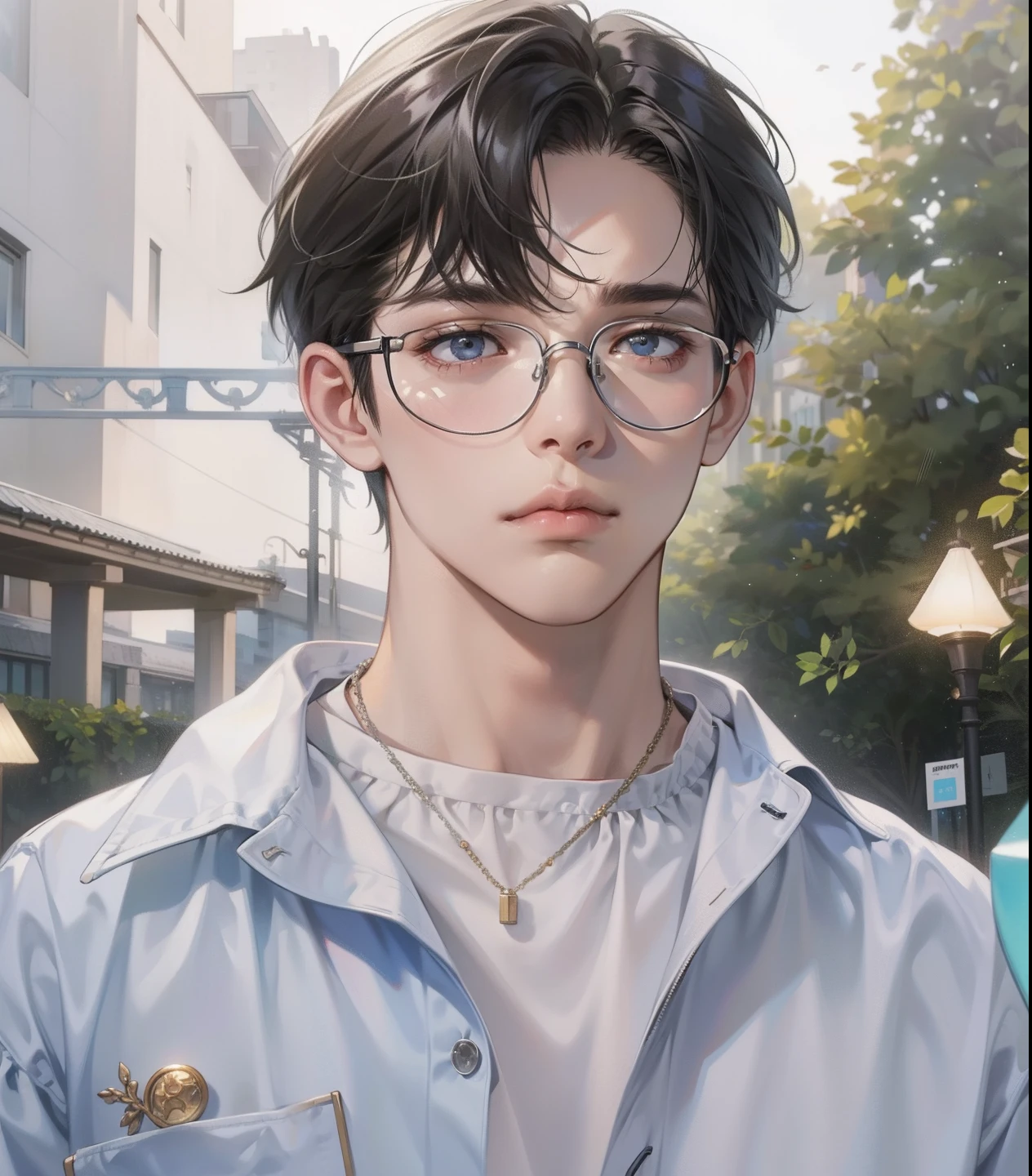 Masterpiece, high quality, best quality, HD, realistic man, perfect lighting, cute shape of face, detailed face, detailed body, cute lips, 1 man, short black hair, with eyeglasses, (sad expression: 1.5) (sad face: 1.5),
