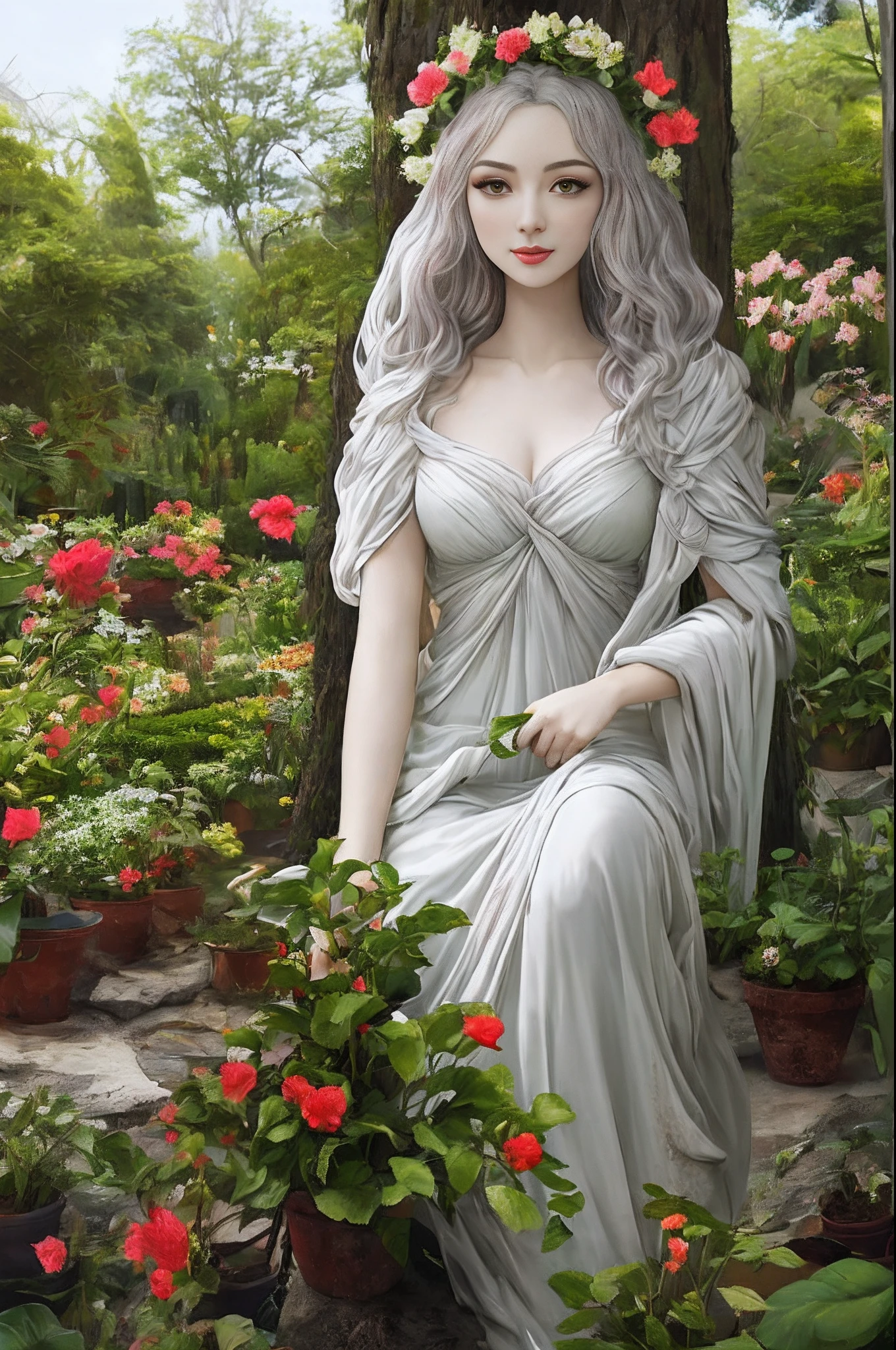 Persephone, a silver-haired Greek goddess, pele branca, de beleza sedutora coletando flores em um jardim no olimpo