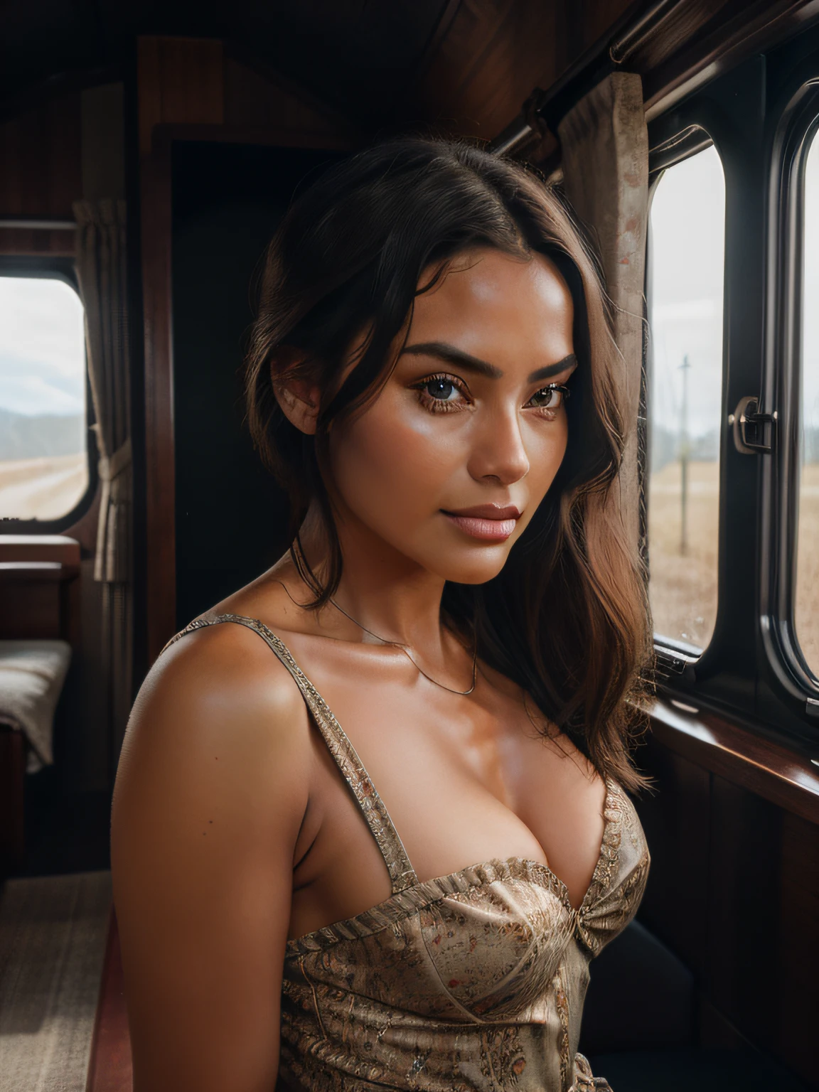 Create a photorealistic, hyper-detailed image of a beautiful girl dressed in loose, c-cup, comfortable but high-end attire suitable for a long train journey. Place the model in an upscale cabin of the Trans-Siberian Railway. Capture close-ups that focus on the texture of the fabric and skin. Incorporate film grain and best shadow techniques. Export in RAW with a vintage travel Instagram LUT