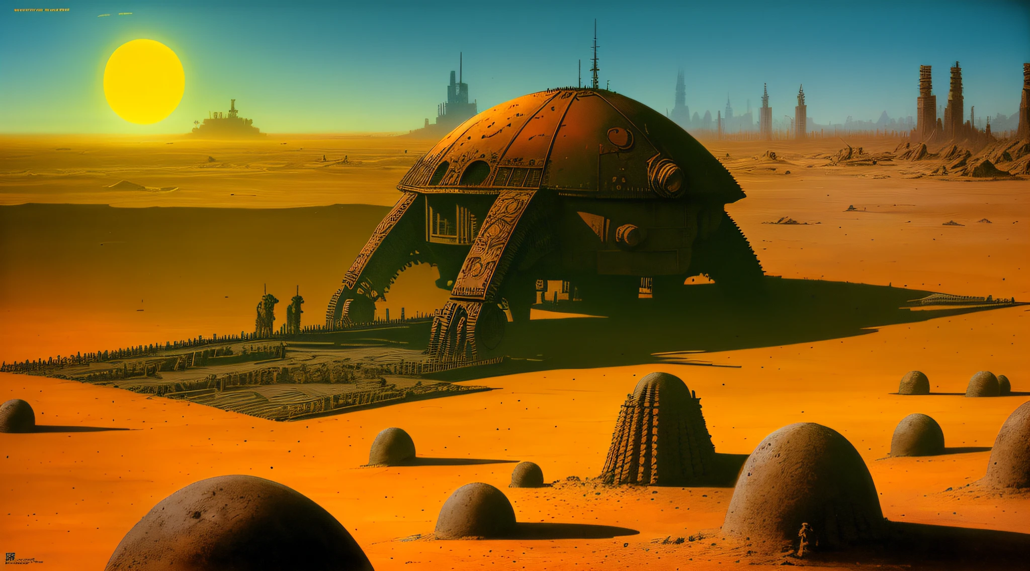 enki bilal,philippe druillet,moebius inspired french comics art "a vast desert filled with colossal, rusting machines of war, half-buried in the sand, a dying sun casting long shadows over the scene, adding to the eerie sense of a long-forgotten battlefield", the contrast in colors and textures should be distinct highly detailed,surreal,vibrant yet slightly desaturated