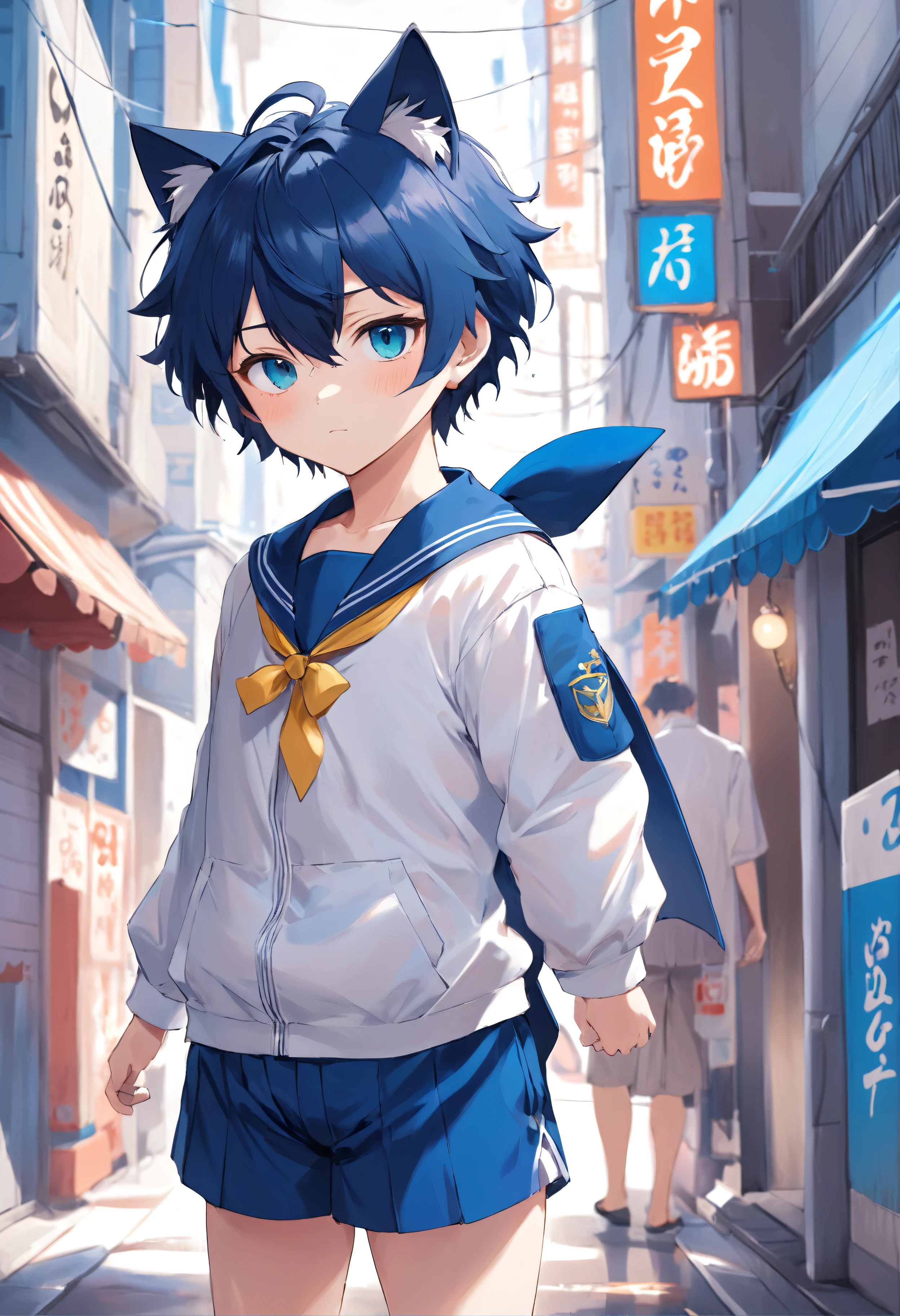 Beautiful Boys,Cat ears anime shounen, Anime moe art style, full body portrait of a short!, Cute anime cat teenager,Deep blue hair,a sailor suit, gapmoe yandere, Anime Nefer Pito, anime full body illustration, 2 d anime style, rei hiroe, eBlue eyes, Boy with cat ears and tail, Single character half