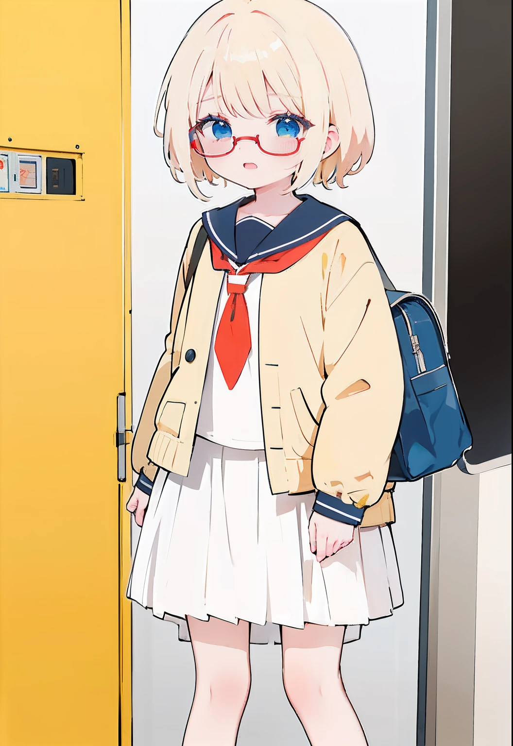 1人，Cute girl，short detailed hair，blond hairbl，eBlue eyes(high light)，Red glasses(Square lenses)，JK sailor suit(baggy)(white colors)(long  skirt)，Yellow coat(lying open)，White socks，red neckchief，Carrying a school bag，leather shoes，Classrooms