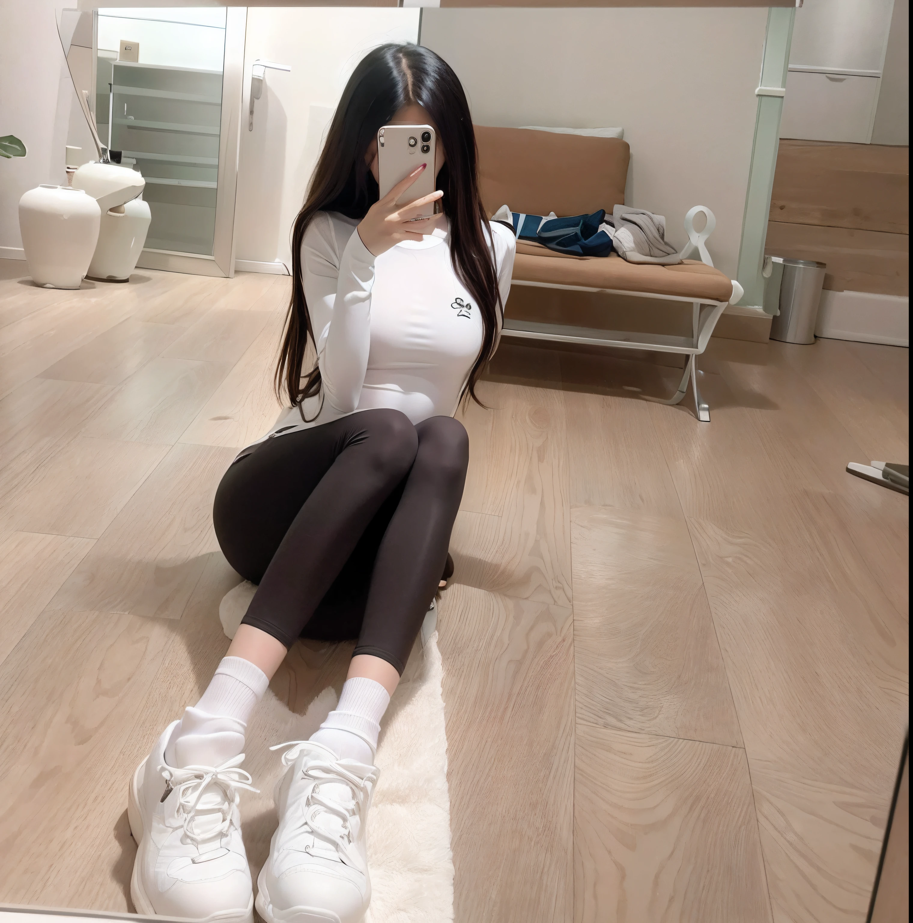 Araki woman sitting on the floor taking a selfie in front of the mirror, wearing tight simple clothes, tight costume, photo of slim girl, smooth white tight clothes suit, skinny waist and thick hips, full body cute young lady, Casual, 19-year-old girl, High quality material BSSRDF, muted colored bodysuit, Full body picture, Low quality
