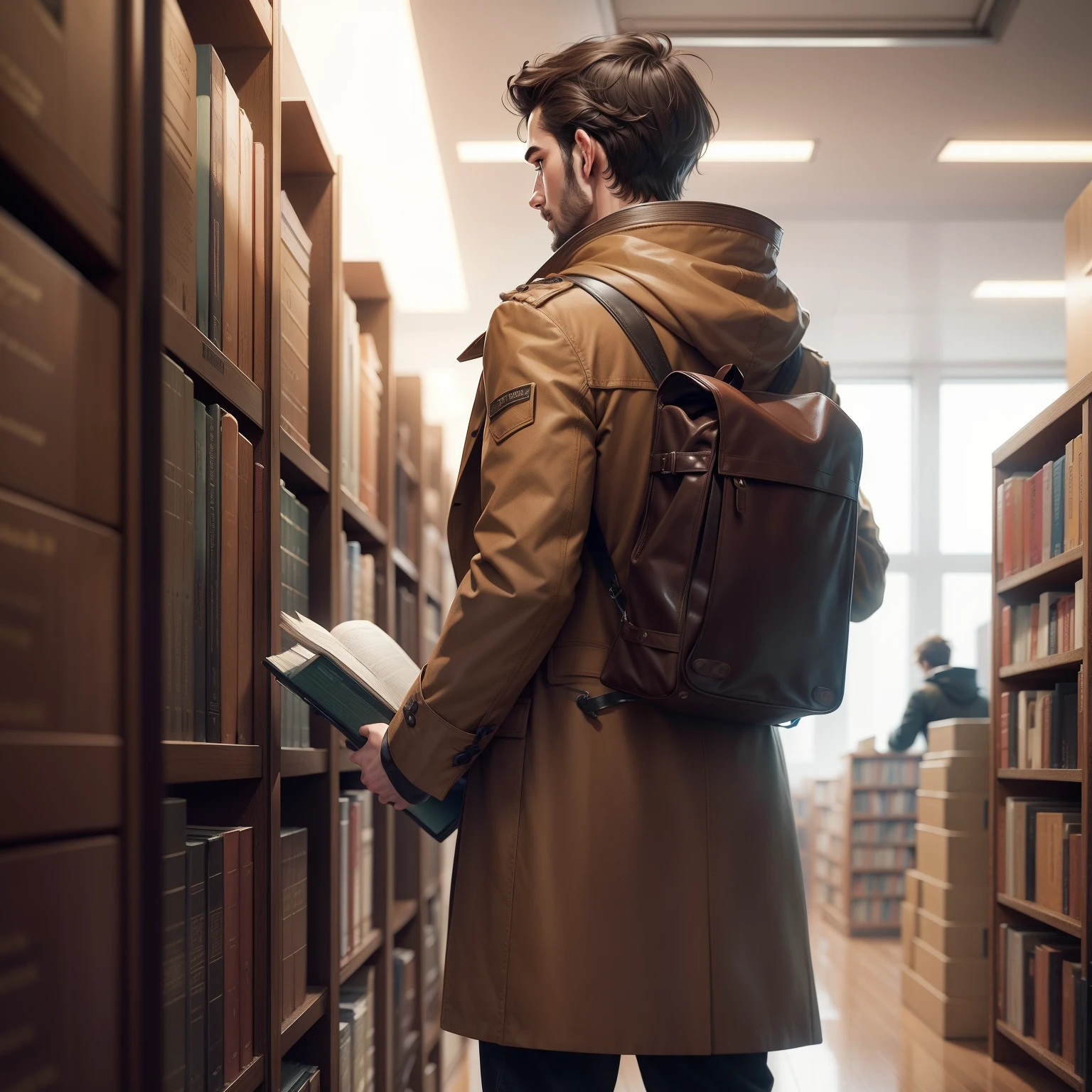 Character from the back picking up a book from a library shelf, man, brown coat, books in hand