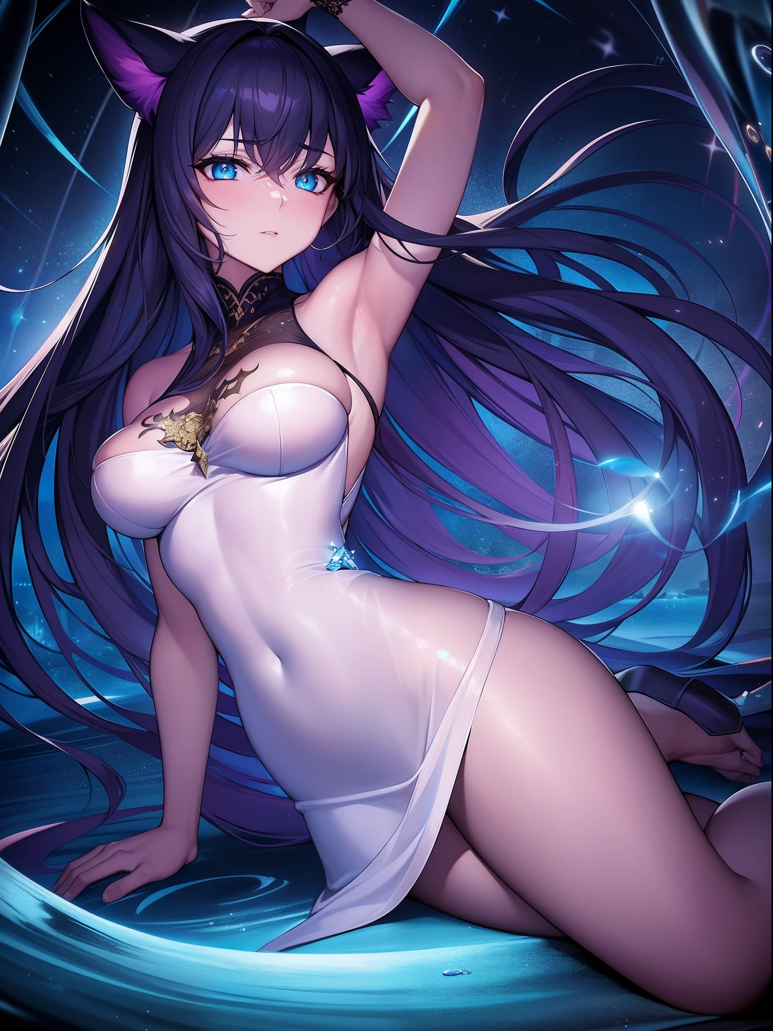 Sanpaku eyes, half-closed eyes, Cat's ears, Hair is purple, The glow of the rainbow envelops her,Gold Glow in Aquamarine Oriental Tent、Belly dancer in long white dress and blue blouse , all-fours, Iridescent sky, Crystal Ocean, Sea life,the golden hour, focus on chest, Focus on Eyes, Eyes open, Exposed , Cyberpunk, Full Focus, Focus on the face, Eyes, Nose and closed mouth , ultra detailed artistic photography, midnight aura, nigh sky, Detailed gorgeous face, Dreamy, blazing, Back lighting, Glamour, glimmer, shadowy, oil on canevas, brushstrokes, Smooth, Ultra high definition, unreal enginee 5, Ultra Sharp Focus,, ArtGerm, Roisch, nffsw, intricate artwork masterpieces, sinister, matte painting movie poster, Golden ratio, Trending on CGSociety, Convoluted, epicd, Trending on ArtStation, by artgerm, h. r. Giger and Bekssinski, Highly detailed, Vibrant, production cinematic character render, Ultra high quality model, Unreal,Motion Picture Film