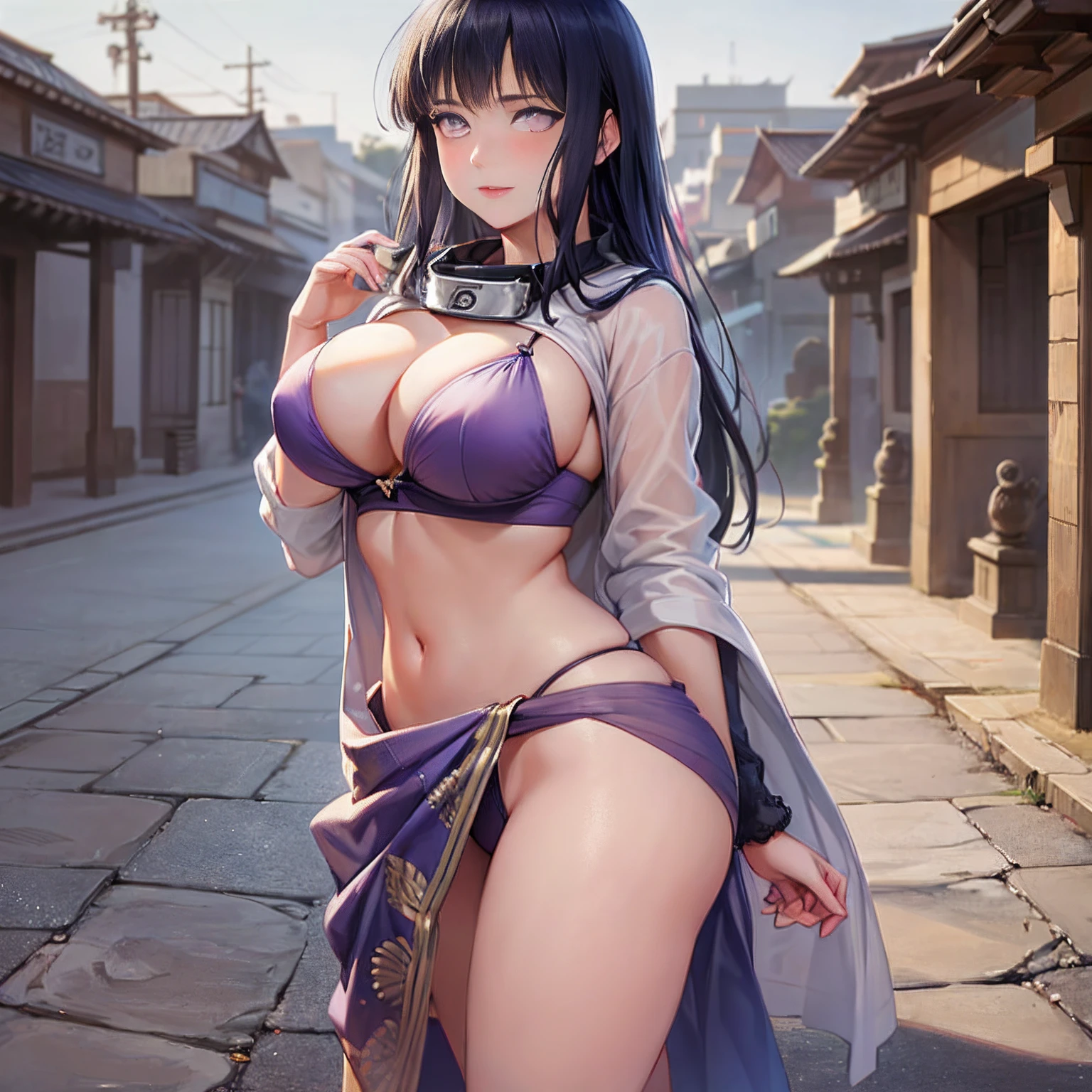 Masterpiece, highres, high Quality, detailed face, detailed body render, 1girl, solo, hyuuga hinata, hinata in saree, large breasts, big breast, purple saree, , dark lips, , no bra, breasts out, , standing, blushes, (indian road), outside temple, panty line, purple panty, purple India saree