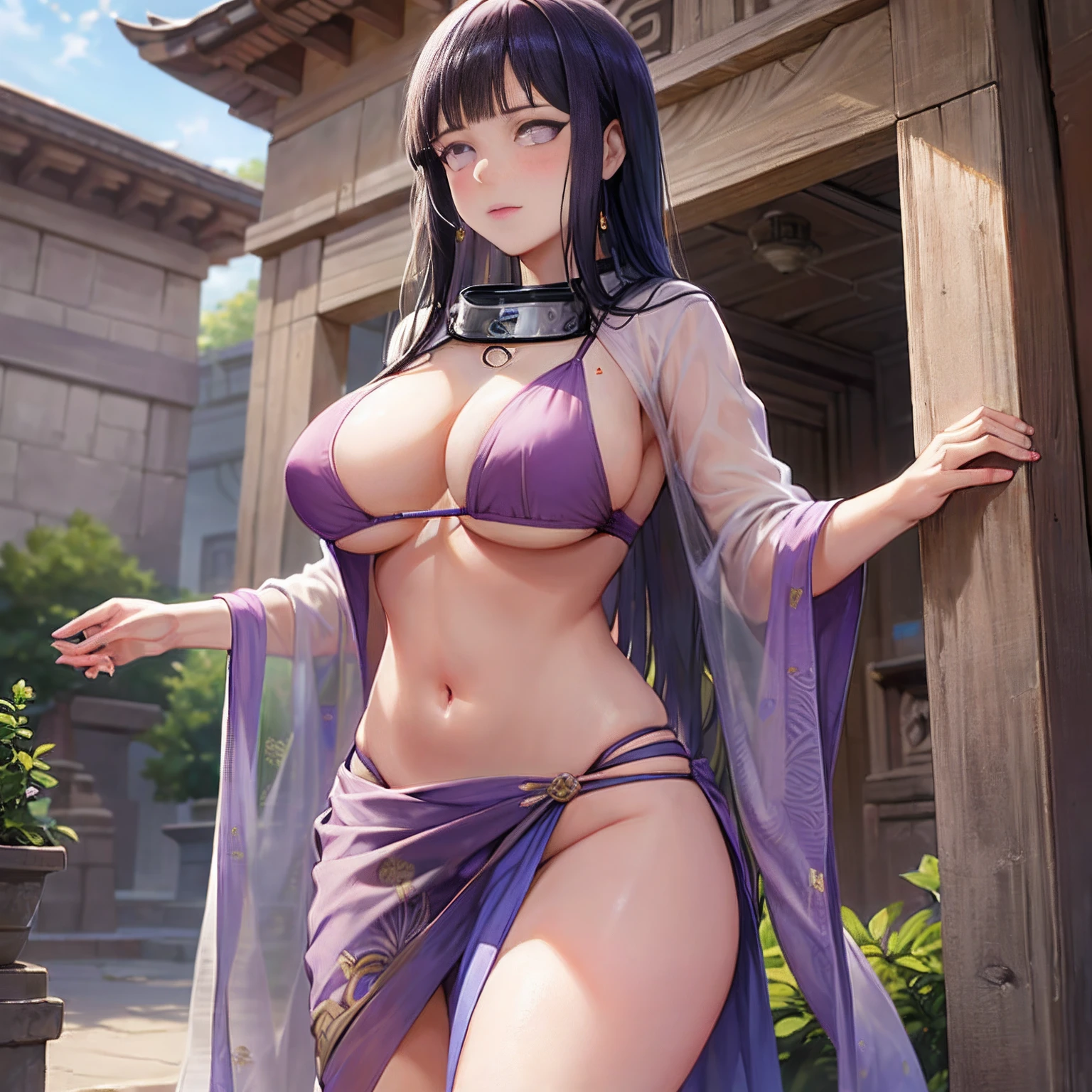 Masterpiece, highres, high Quality, detailed face, detailed body render, 1girl, solo, hyuuga hinata, hinata in saree, large breasts, big breast, purple saree, , dark lips, , no bra, breasts out, , standing, blushes, (indian road), outside temple, panty line, purple panty, purple India saree