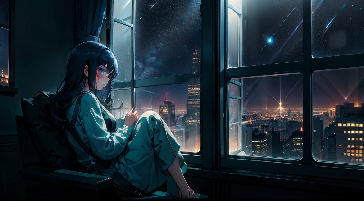 Girl sitting alone by the window,Night view of the city outside the window,The starry sky outside the window sparkles,Very lonely,A soft shimmer shines on the girl,Rich details inside the window,There are plush dolls inside the window,There are night lights on the inner walls of the windows,The girl looks at the scenery outside the window with a lonely back,The picture is hazy,the lighting is subdued