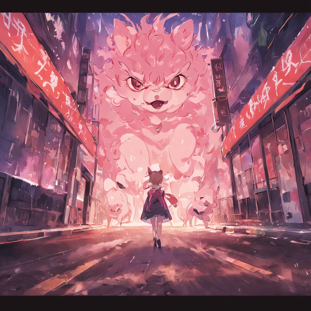 Road streets,Animals run all over the ground,pigs,taur,pecora,urban backdrop,nigth,Ghastly