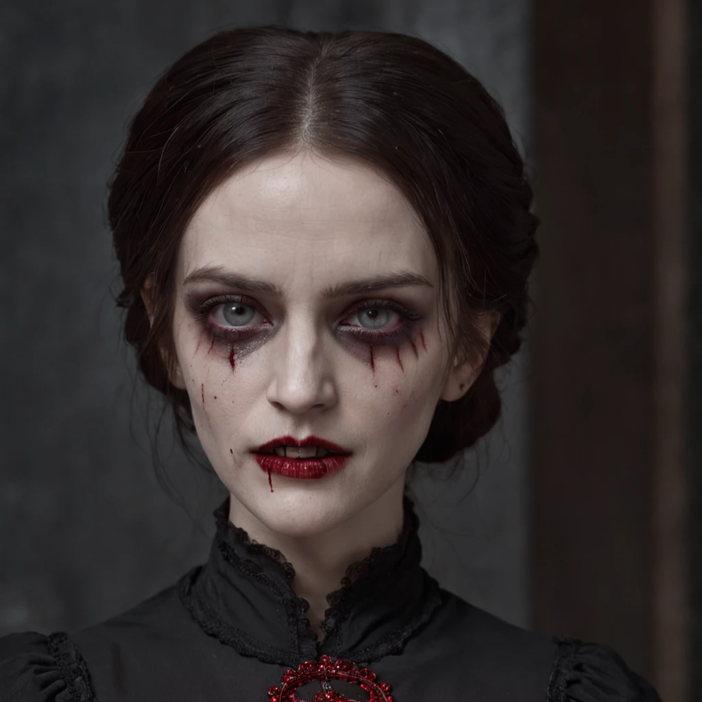 Adorable woman with vampire teeth, red eyes, seductive victorian era black dress, lookalike of Eva Green, high resolution skin, scars, acne, lines, pores, rugged, war paint, torn clothes, ray tracing photorealistic, bloody face
, horror, long exposure, cool-toned sterile colors, close-up portrait