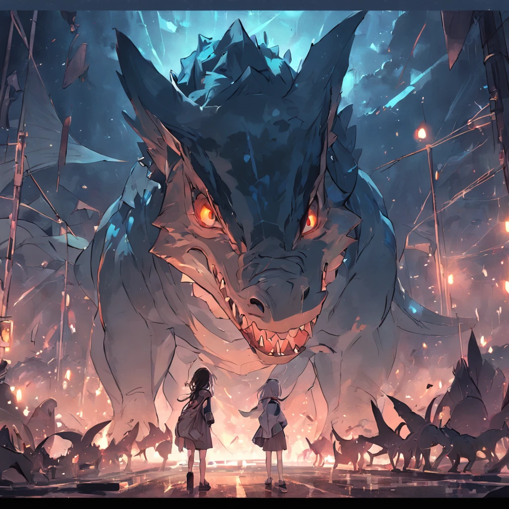 Dinosaurs carry wolves，the city street，nigth，