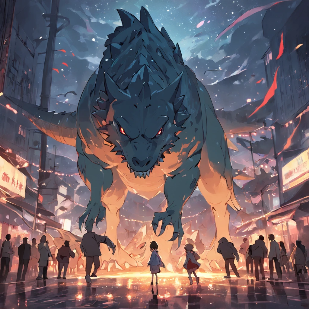 Dinosaurs carry wolves，the city street，nigth，