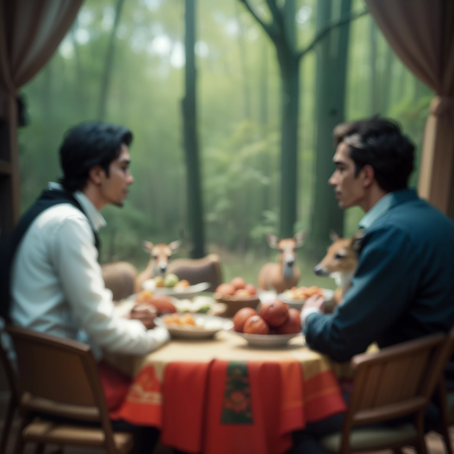An image of Miguel's family sitting around the table, enjoy a meal prepared with the deer, Convey the message of gratitude for nature