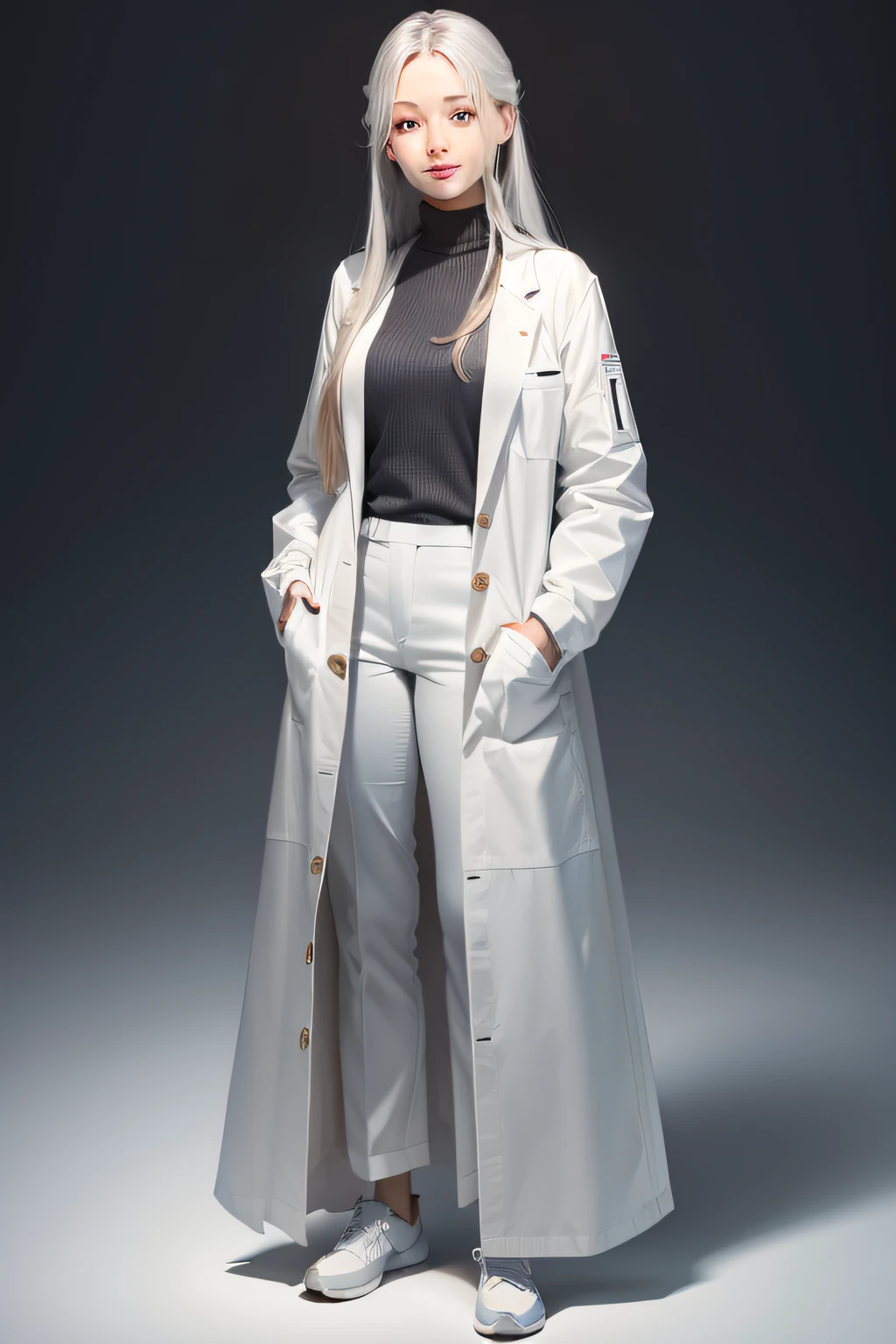 Full body, Upright, Arms at sides, Hands in the pockets of white coats, Face and body straight ahead of the viewer, Simple background, 1 adult female, Mouth with raised corners of the closed mouth, Smile coolly, Wearing a lab lab coat, Silver long hair