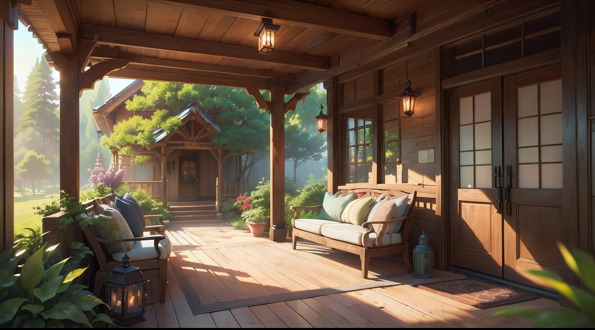 arafed porch with a couch and a table with candles, cozy place, cozy and peaceful atmosphere, comfy ambience, cozy setting, cozy atmospheric, cozy atmosphere, soothing and cozy landscape, cozy and calm, cozy home background, pleasant cozy atmosphere, cozy aesthetic, relaxing atmosphere, cosy atmosphere, beautiful ambiance, cottagecore, detailed scenery —width 672, studio ghibli environment, highly detailed scene, environment design illustration, beautiful anime scene, ghibli studio style, anime scenery, detailed soft painting, environment painting