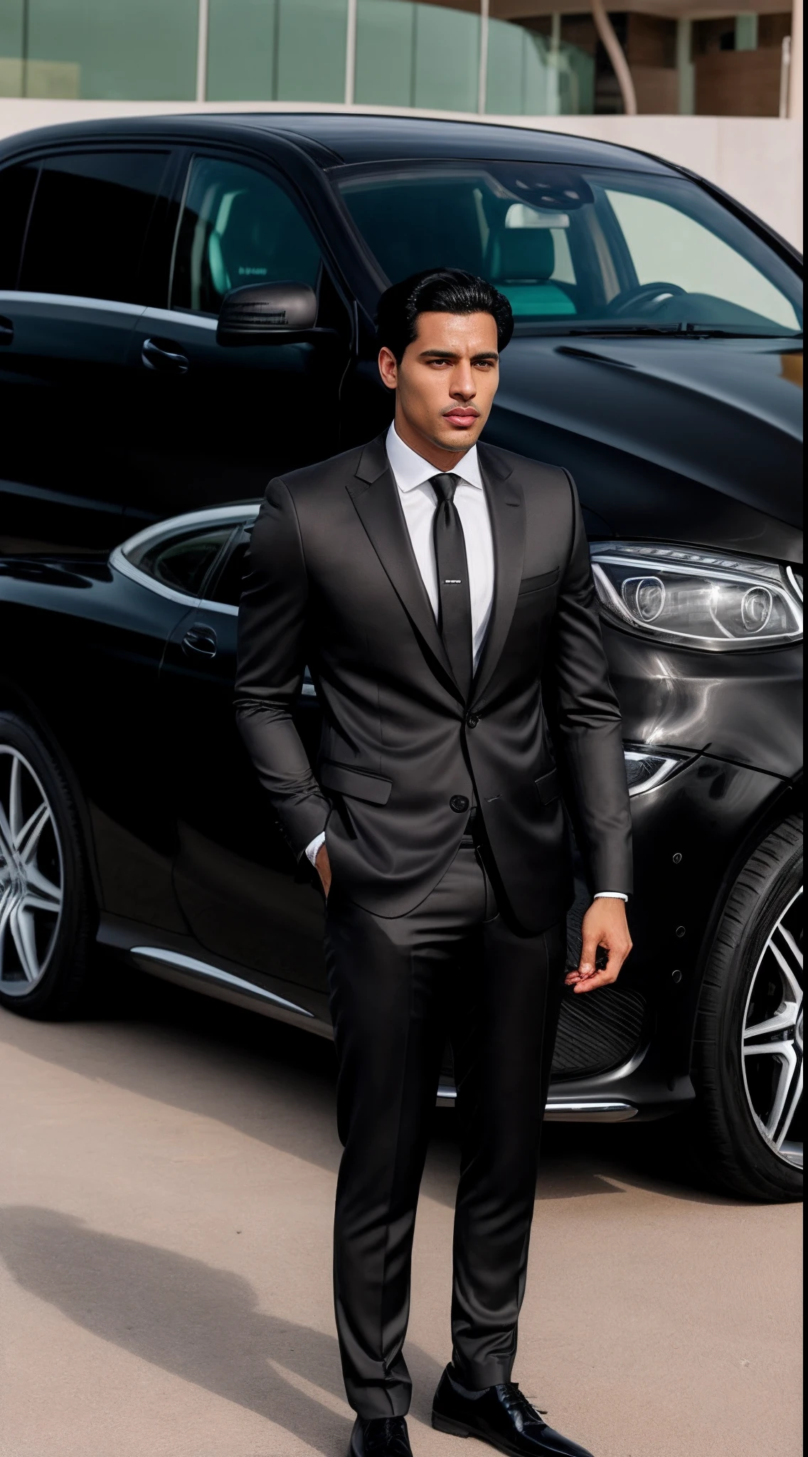beutiful, Tall man, black hair, light skin, full lips, pouty, in a black suit, standing next to a Mercedes car in Dubai , The face is clearly visible, athletic physique.