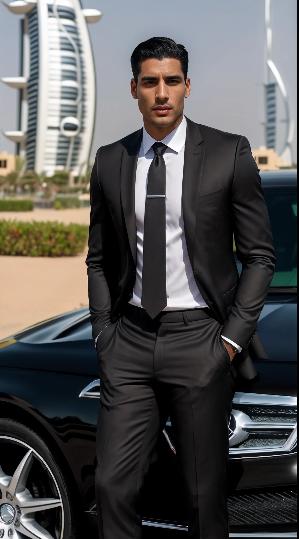 beutiful, Tall man, black hair, light skin, full lips, pouty, in a black suit, standing next to a Mercedes car in Dubai , The face is clearly visible, athletic physique.
