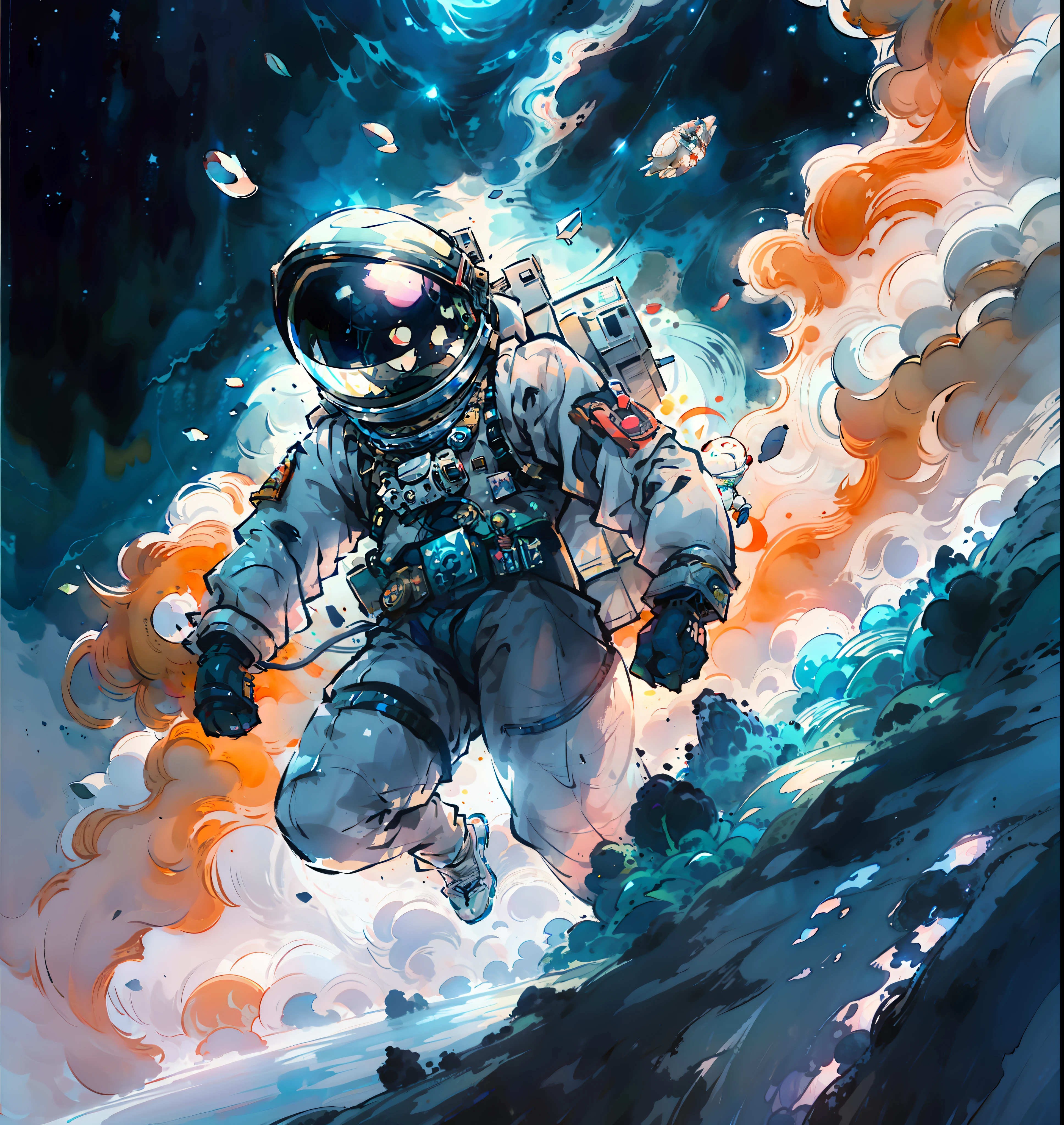 Astronauts floating in outer space，One guy，（1man），8k，hyper-detailing，Solitude，ink wash style，hyper realisitc，mirai