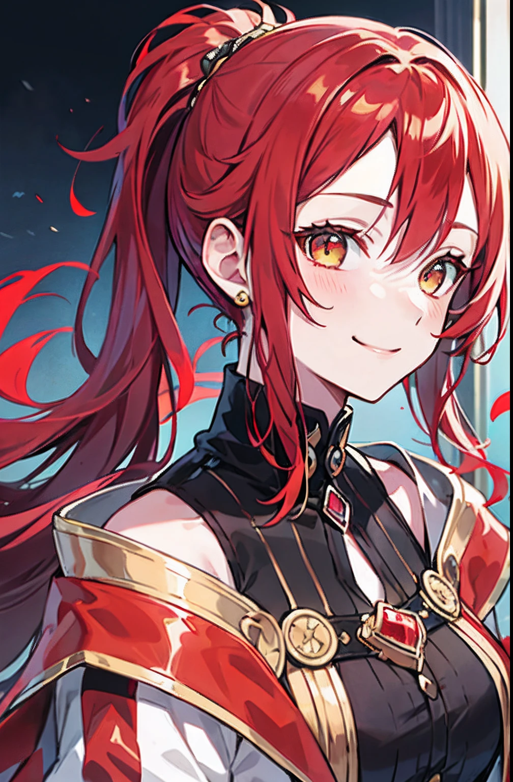Ponytail , shoulder hair, red hair, golden eyes, smile girl, cool girl, bad girl, high school girl, royal, portrait, discreet clothes, princess