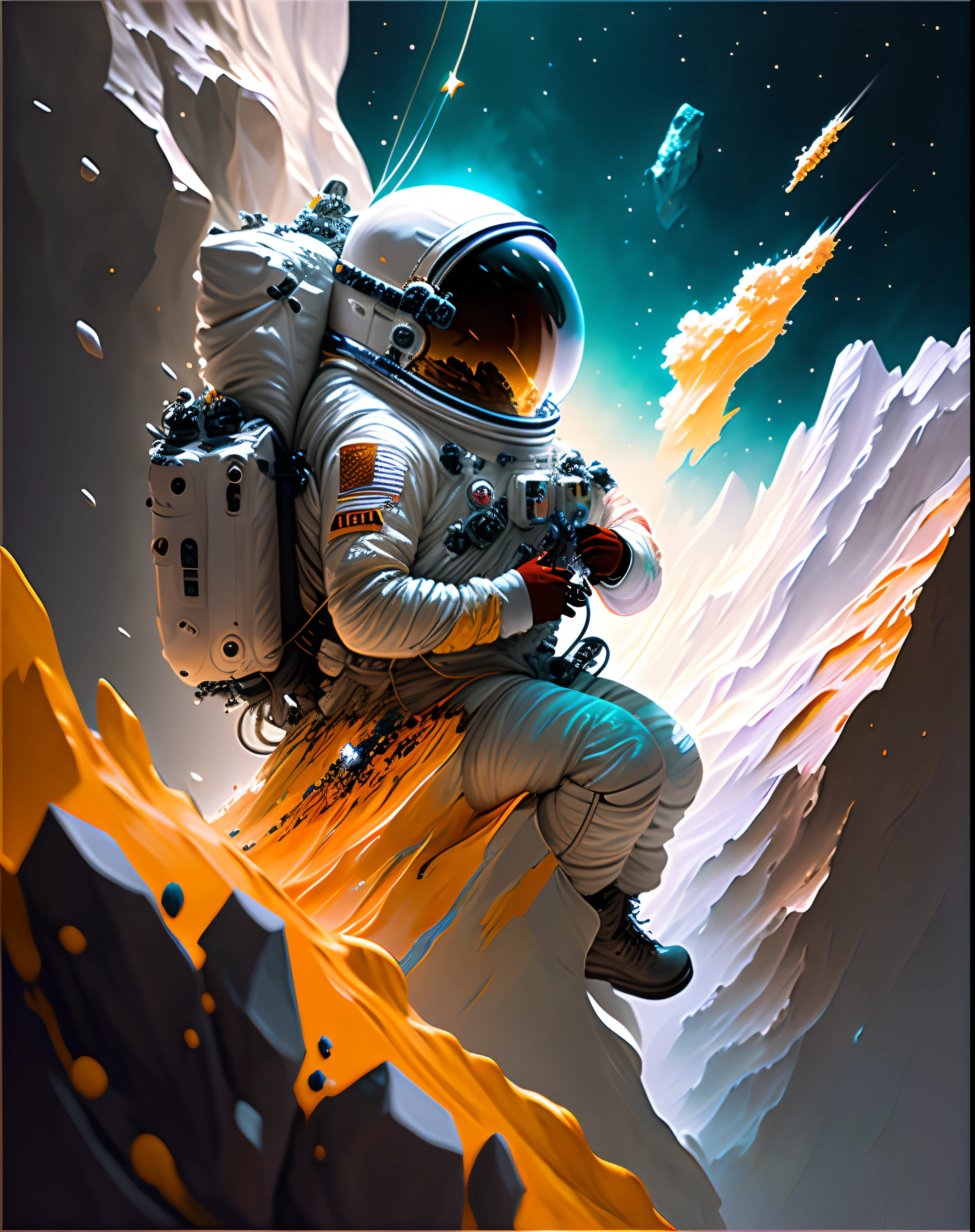 astronaut, climbing the asteroid, character render, ultra high quality model, ethereal background, abstract beauty, explosive volumetric, oil painting, heavy strokes, paint dripping